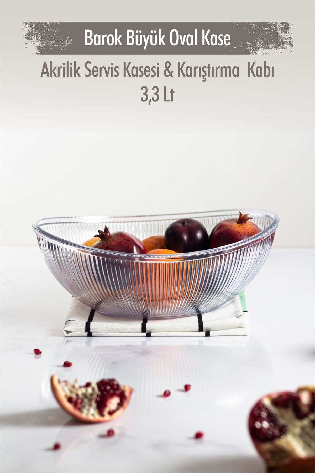 Depa Akrilik Barok Şeffaf Büyük Oval Meyve & Salata Kasesi & Karıştırma Kabı / 3,3 Lt  (CAM DEĞİLDİR)