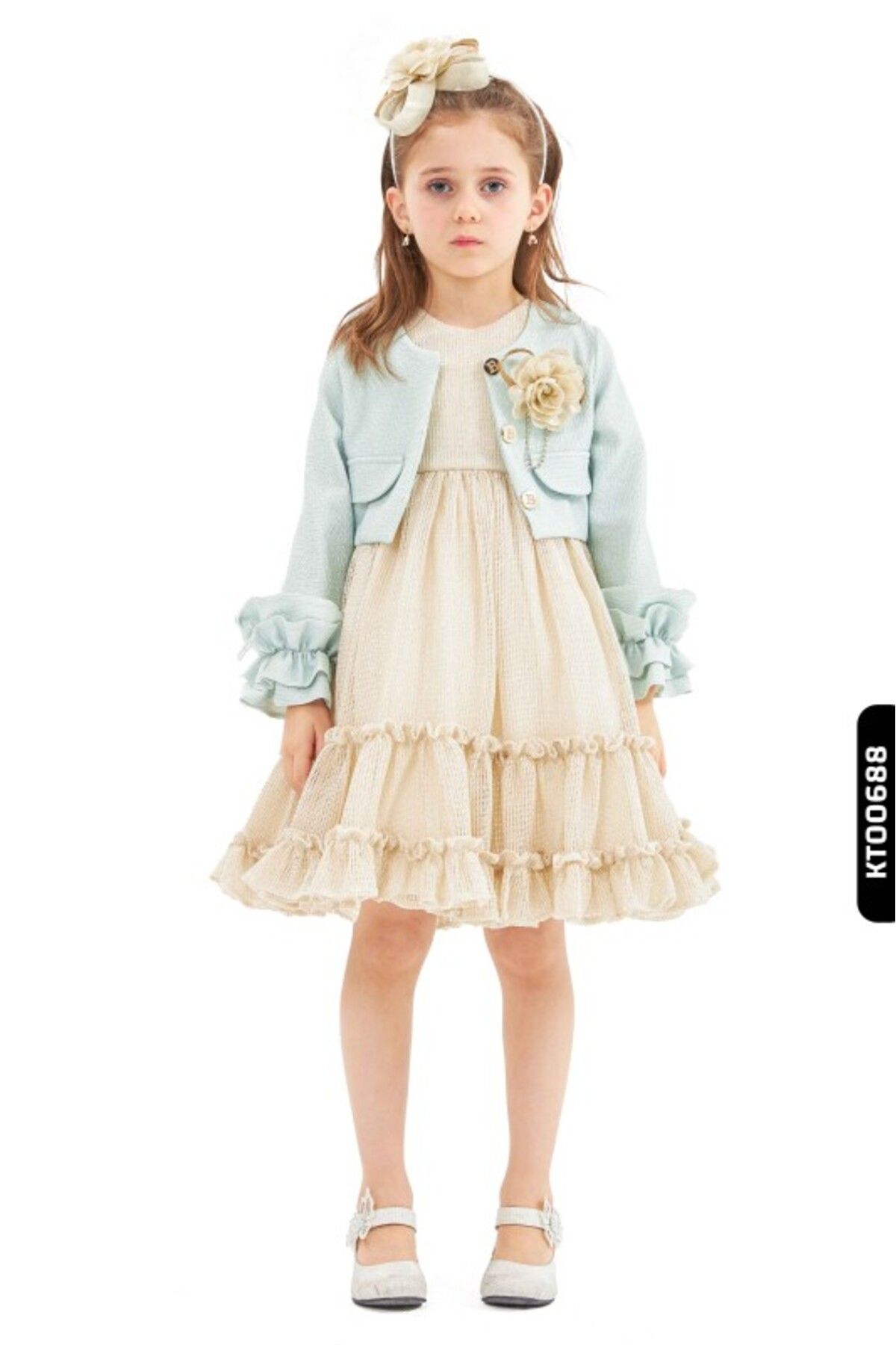 Belladonna Fırfırlı Sahte Cepli Ajurlu Düğmeli Ceketli Kız Çocuk Elbise 3-7 Yaş 2801