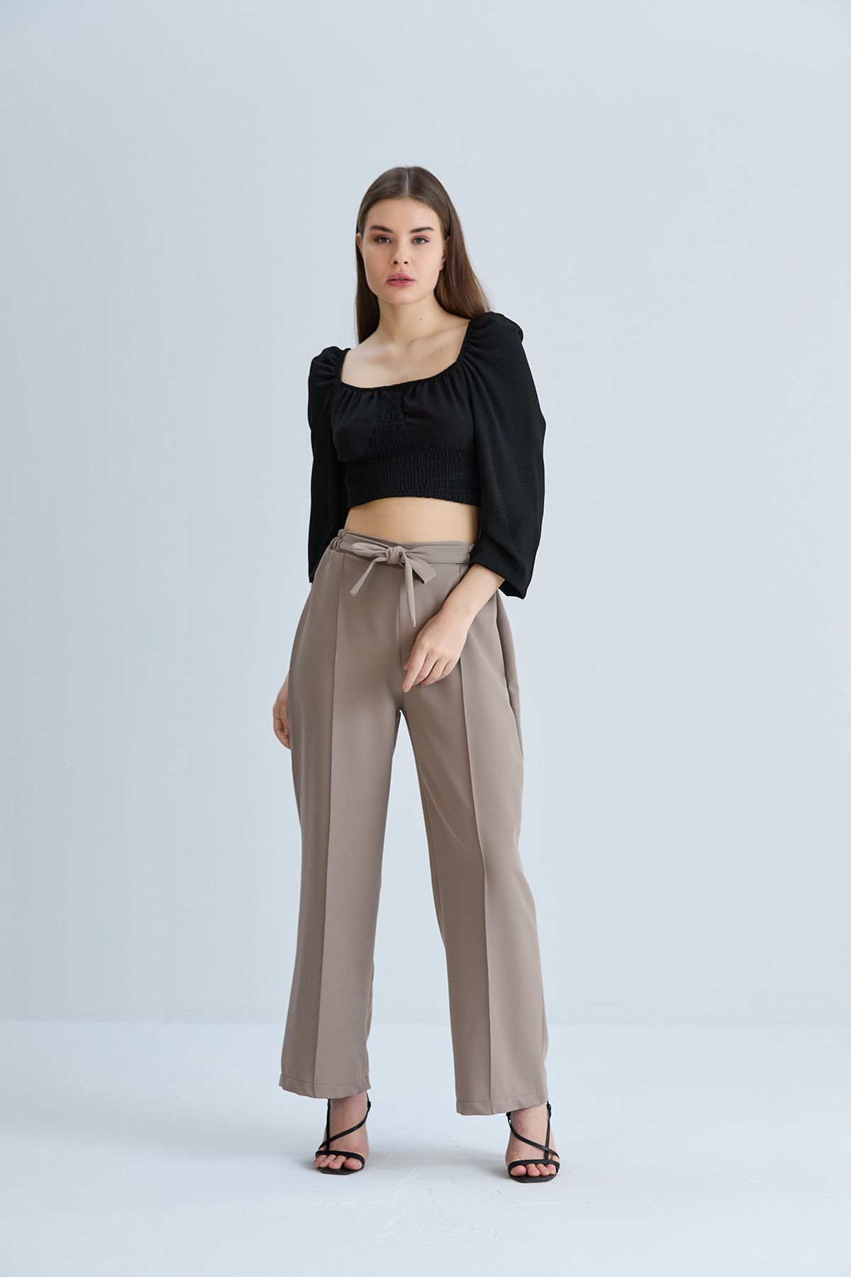 Space Fashion Kadın Taş Önü Bağcıklı Beli Lastikli Kumaş Pantolon