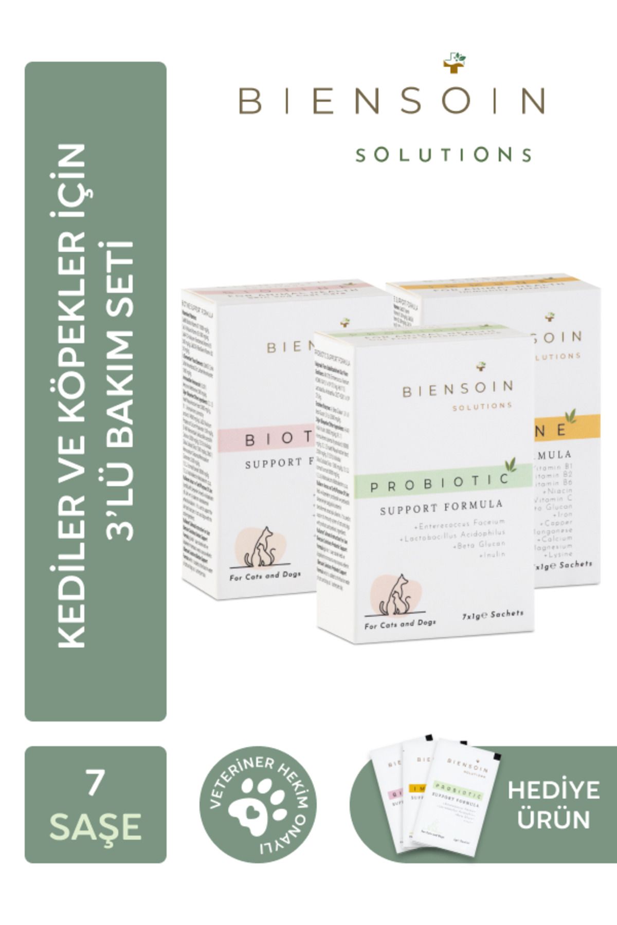 Biensoin Solutions Kedi Bakım Seti Sindirim, Deri Tüy Sağlığı Bağışıklık Takviyesi Kolay Tüketilebilir 7x1gr Toz Saşe