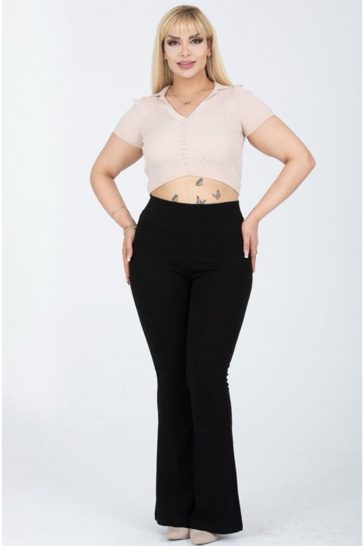 Siyah Kadın Siyah Büyük Beden Ispanyol Paça Çelik Örme Kumaş Toparlayıcı Esnek Tayt Pantolon 110 Cm