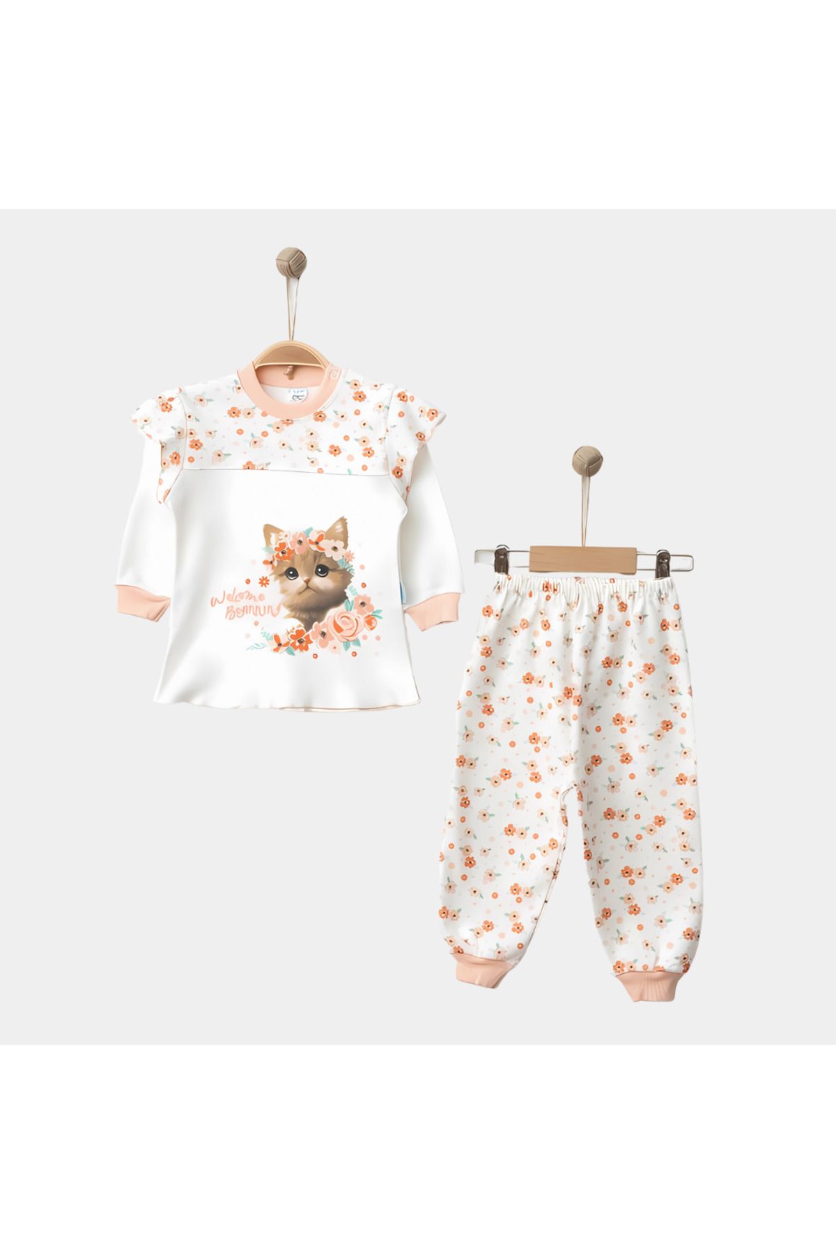 Rise Raba Kız Bebek Takım Pamuklu Kedi Baskılı Çiçekli 2'li Pijama Takımı 9-18 Aylık