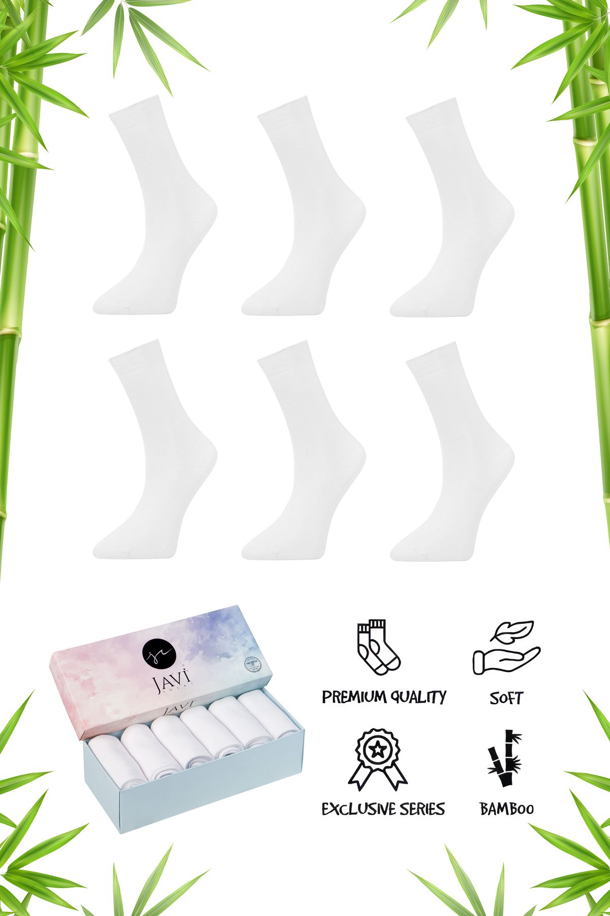 javi Bambu Beyaz Kadın Soket Çorap Dikişsiz Sıkmayan Lastik Premium Kutulu Çorap 6'lı