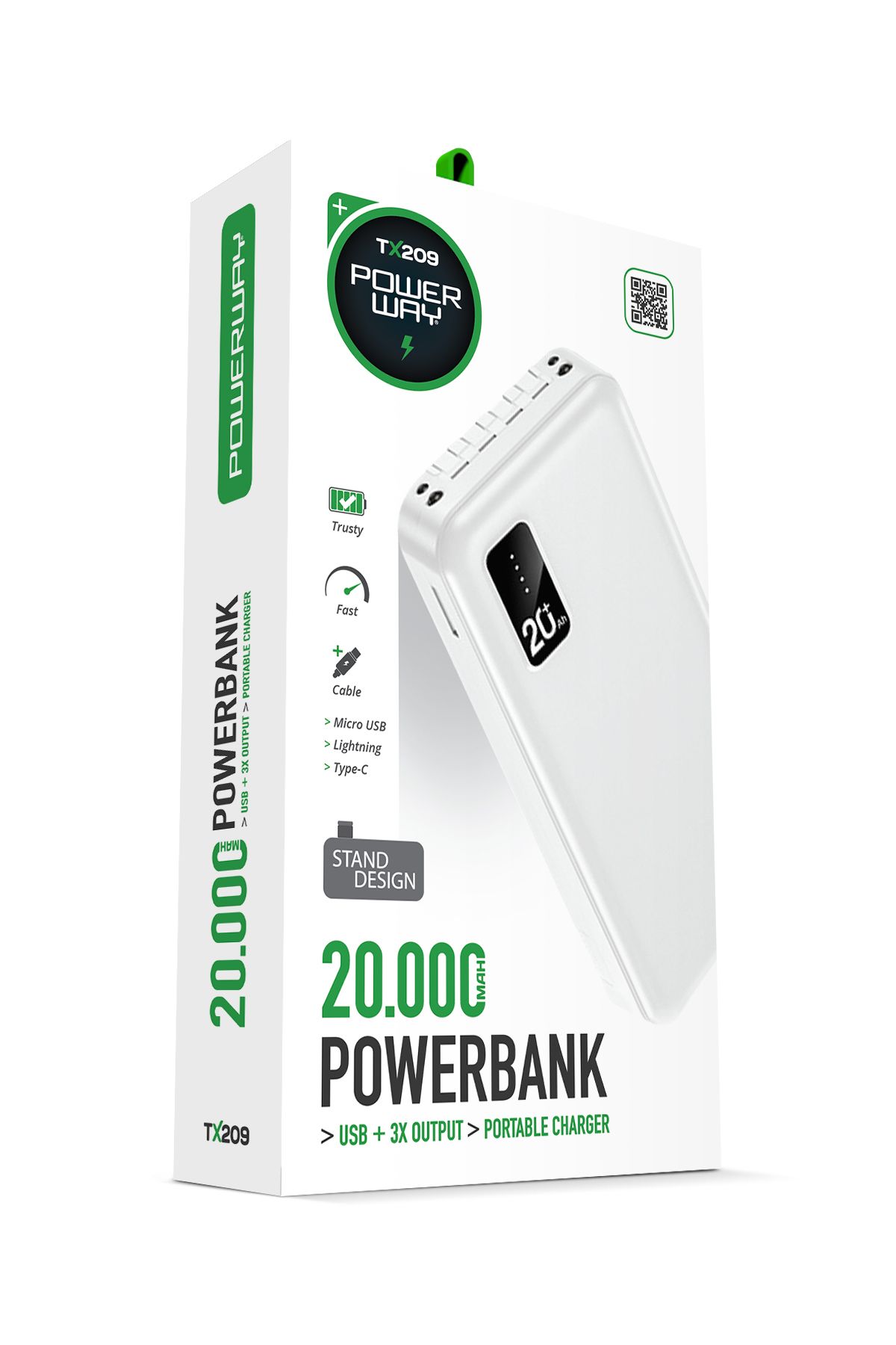 Powerway 20.000 Mah Kablolu Dijital Göstergeli 20.000 Mah Garantili Dahili Stand TX209 Beyaz Powerbank