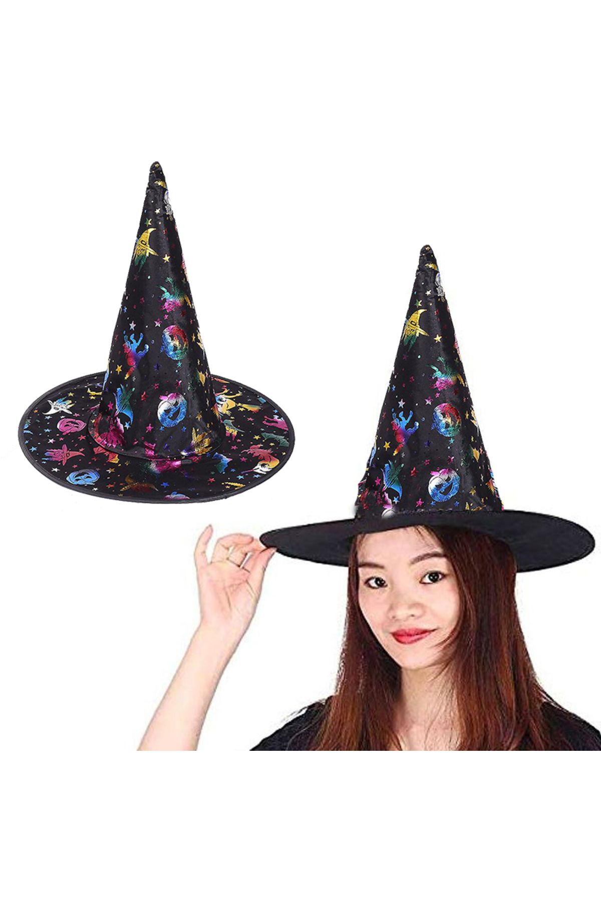 MENBOX CLZ192 Cadı Şapkası Siyah Üzeri Rengarenk Balkabağı Cadı Figür Baskılı 38x34 Cm (4172)