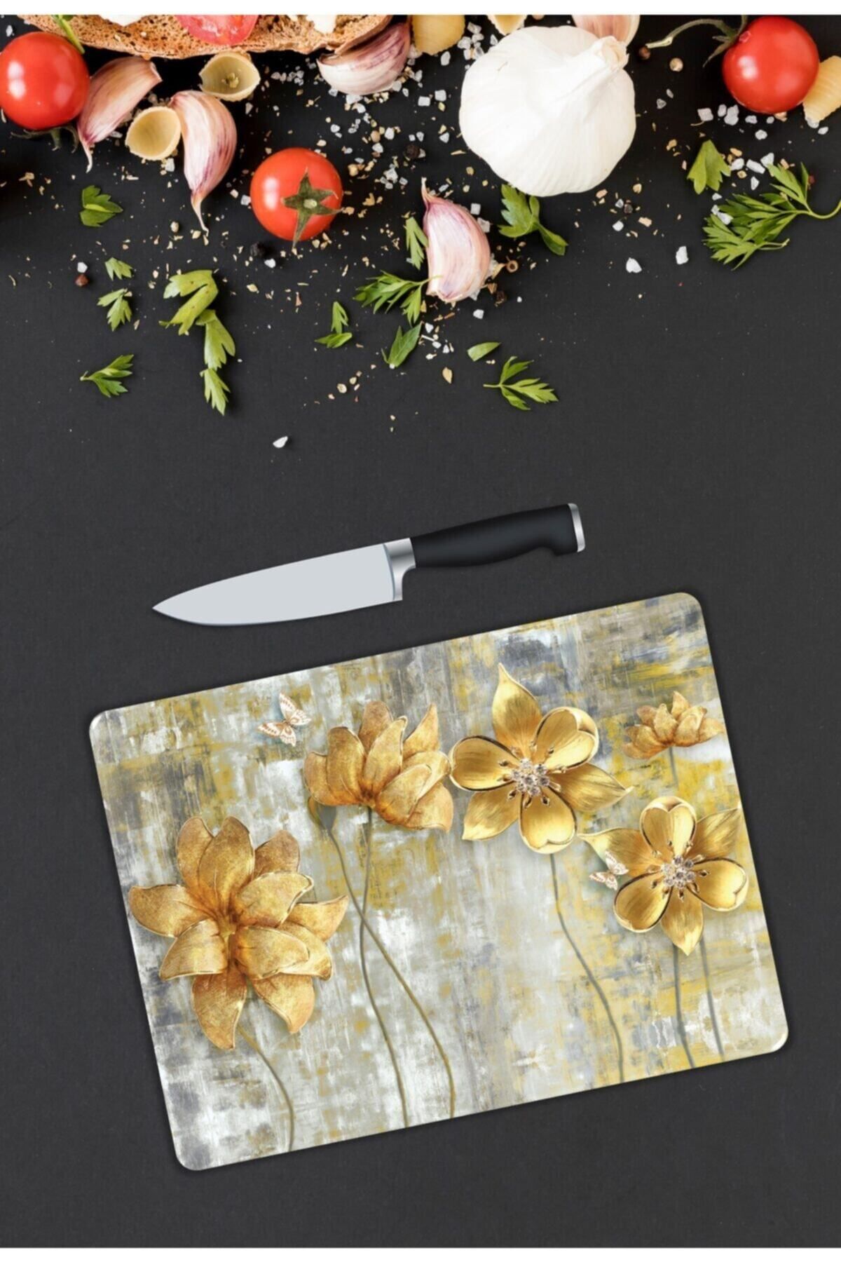 Deck Dk001 seri  Gold Çiçekler | Cam Kesme Tahtası |  25 x 35 cm