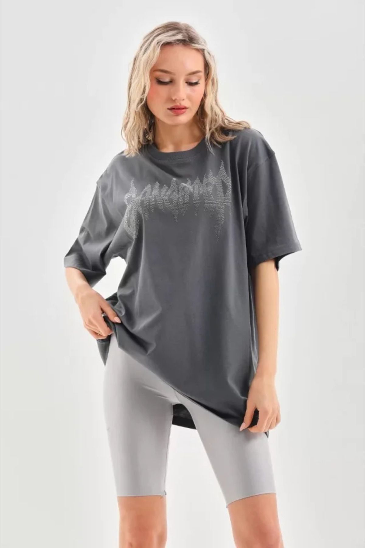 Tozlu Yaka Unisex Taş Desenli Oversize T-Shirt - Füme