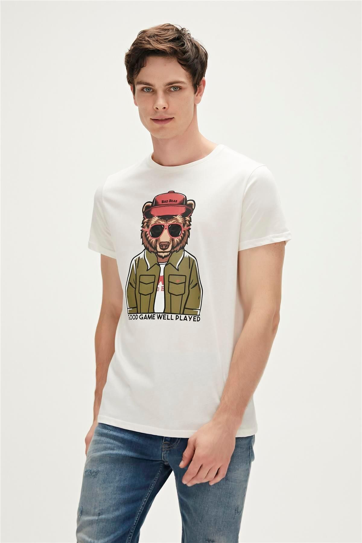 Bad Bear Good Game T-shirt Off-white Beyaz Baskılı Erkek Tişört