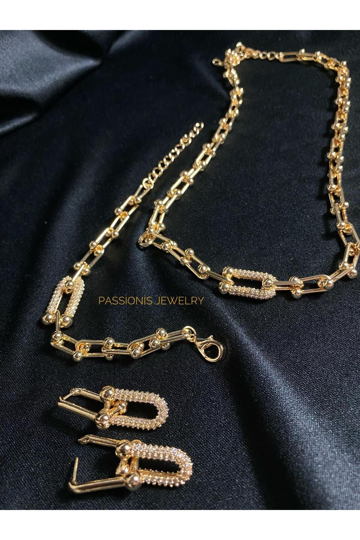 Passionis Jewelry Gold Tiffany Zincir Zirkon Taşlı Kolye Bileklik Küpe 3lü Takım