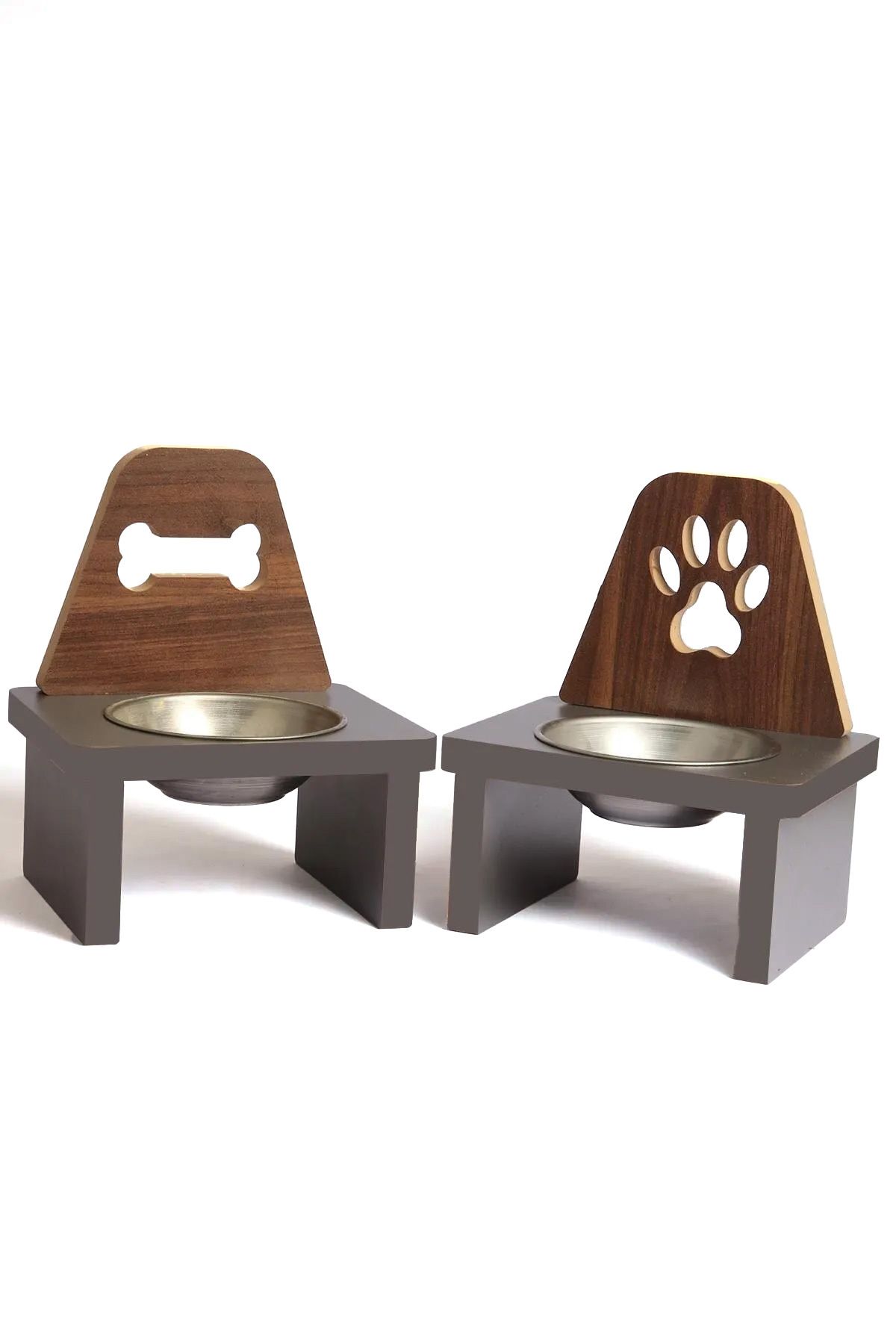 MiniHediye Ahşap Kedi Köpek Mama Su Kabı Standı Metal Suluk Mamalık Çelik Kaseli Evcil Hayvan Desenli