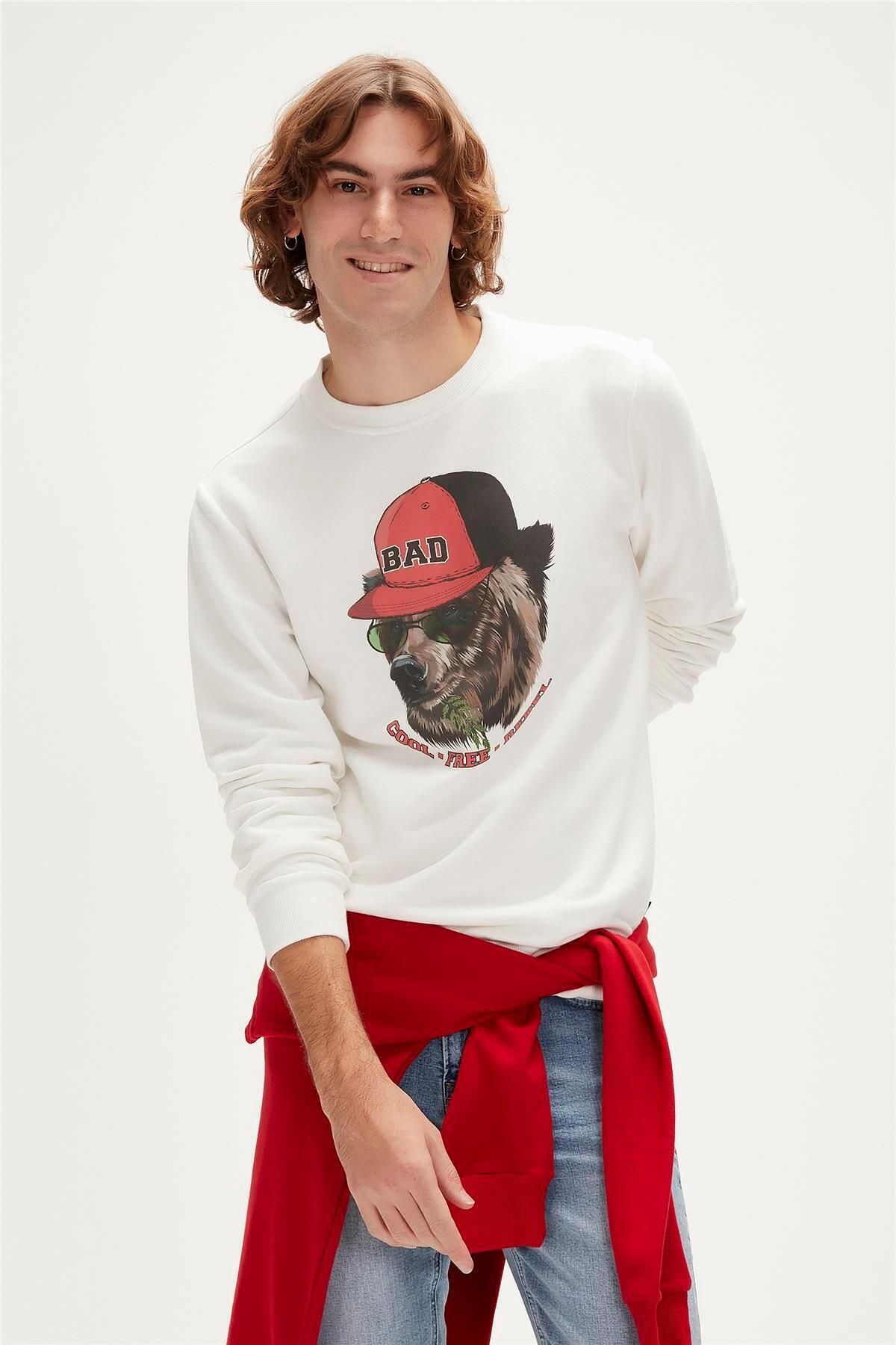 Bad Bear Rebel Crewneck Off-white Beyaz Baskılı Erkek Sweatshirt