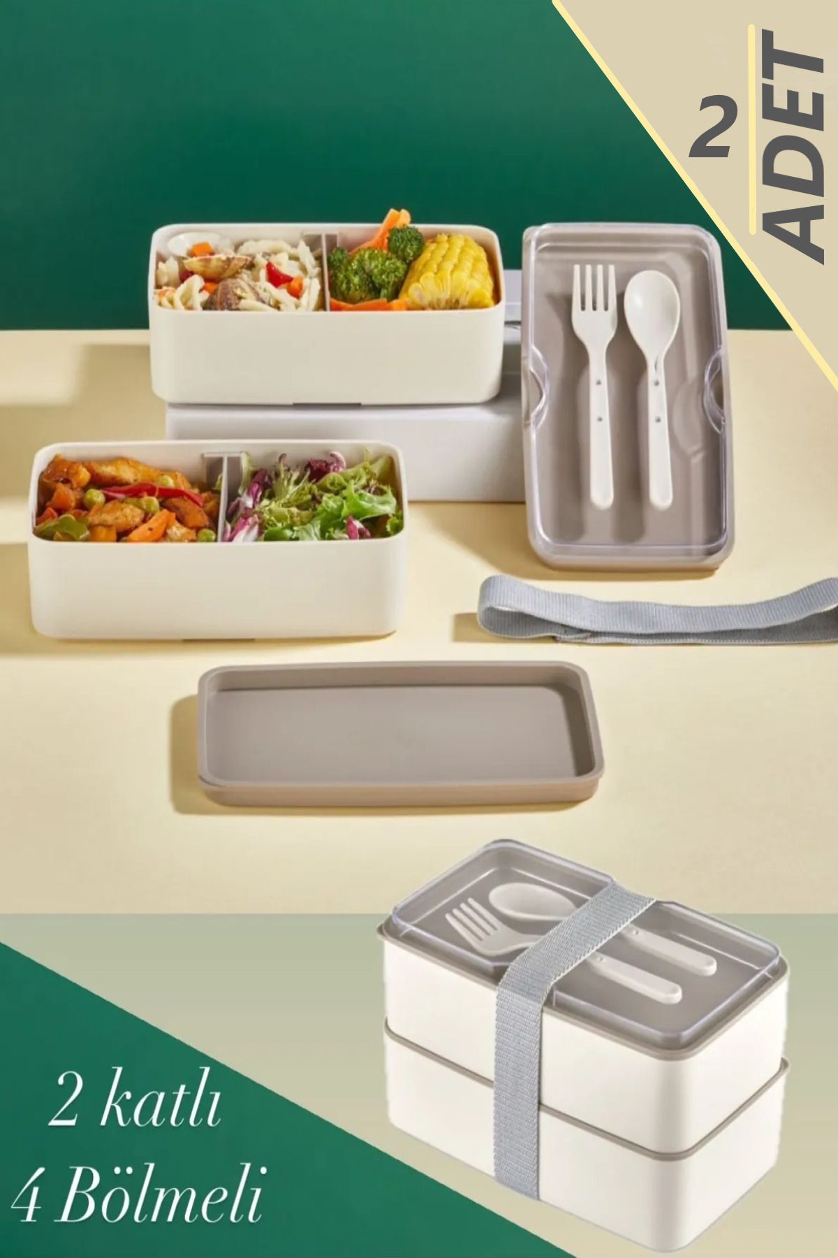Bayev 2 Adet 2 Katlı Krem Çatal Kaşıklı Saklama Kabı 1003 Lunch Box - Beslenme Bölmeli Yemek Kutusu