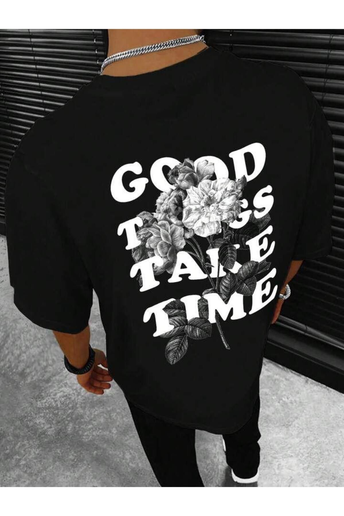 AFROGİYİM Unisex Good Things Take Time Ön Arka Baskılı Oversize T-shirt
