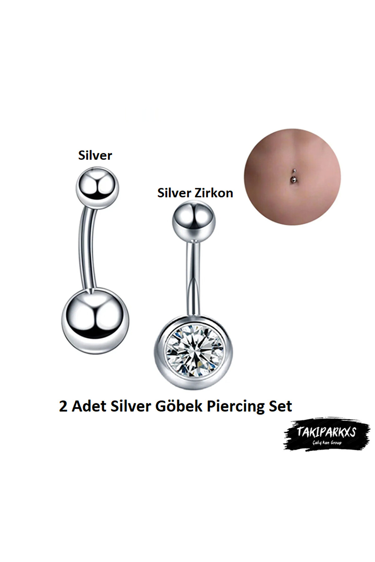 Takıparkxs 316l Cerrahi Çelik Anti Alerjik Zirkon Taşlı 2 Adet Silver Göbek Piercing Set