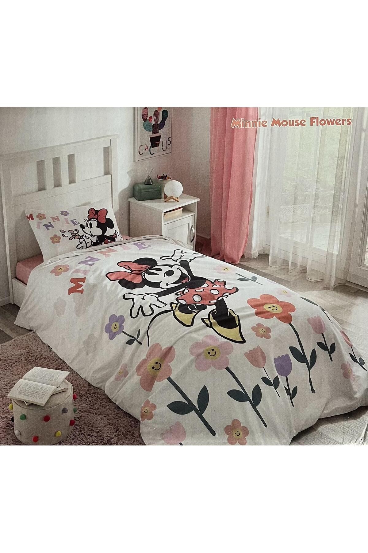 Özdilek Minnie Flowers Beyaz Tek Kişilik Disney Lisanslı Lastikli Çarşaf Çocuk Nevresim Takımı