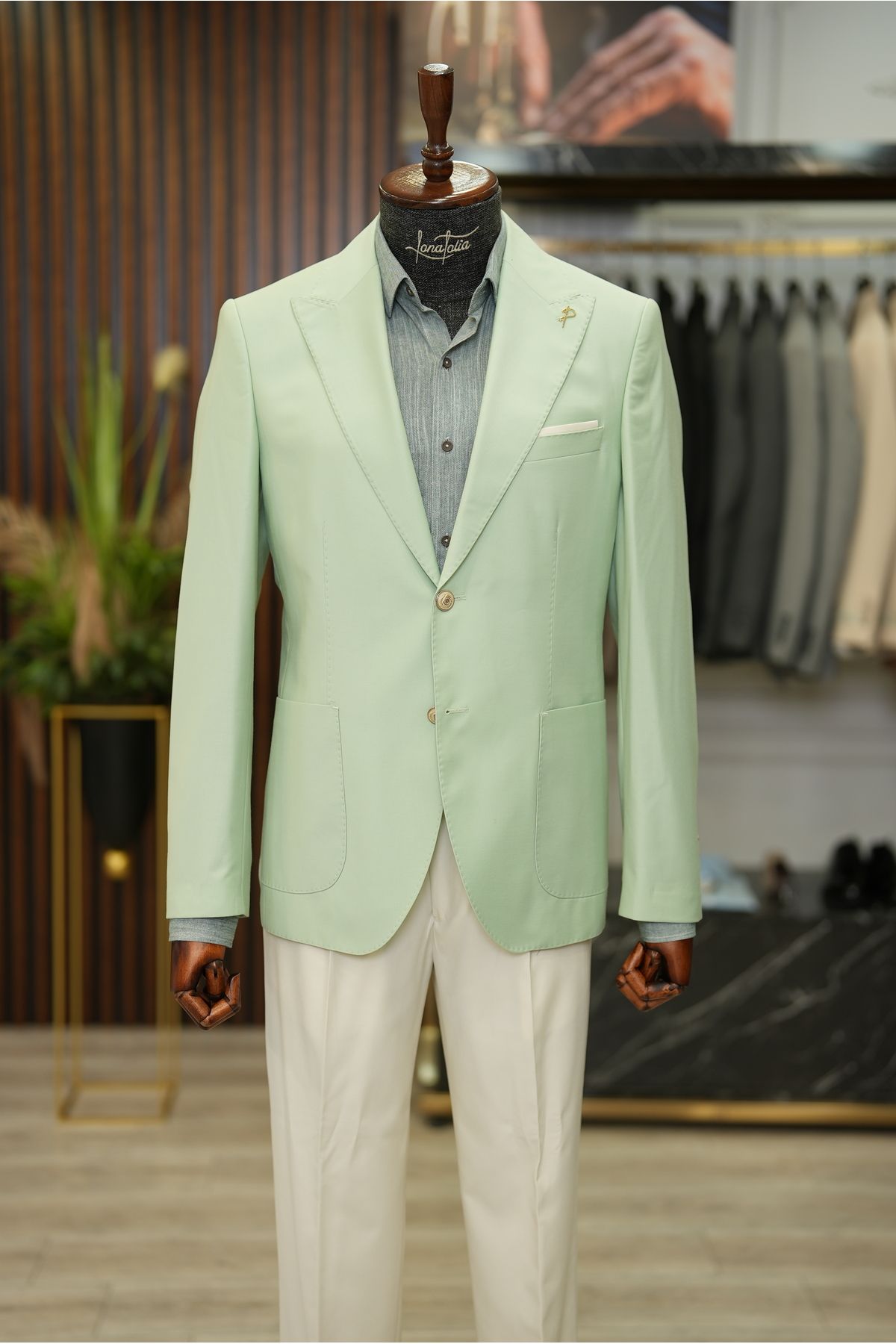 LONATOLİA Erkek Premium Takım Elbise Mono Yaka Pileli Pantolon İtalyan Stil Slim Fit Ceket Pantolon-Su Yeşili