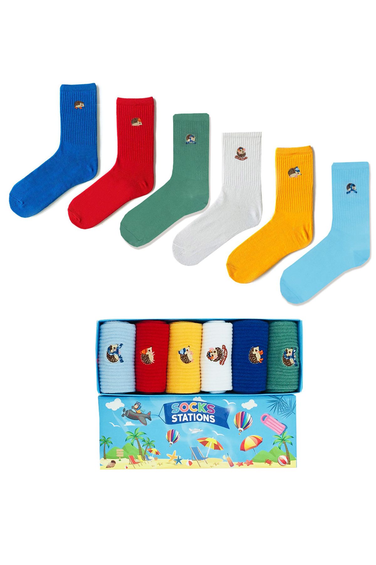 Socks Stations Ünisex Renkli Kirpi Nakışlı Desenli Çorap Kutusu 6'lı