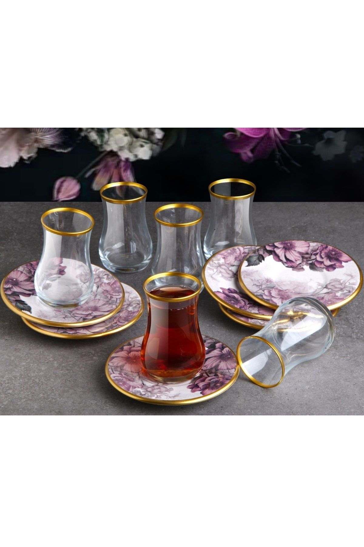 Pinkev Petunia 6 Kişilik Seramik Tabaklı Çay Bardağı Takımı Seti