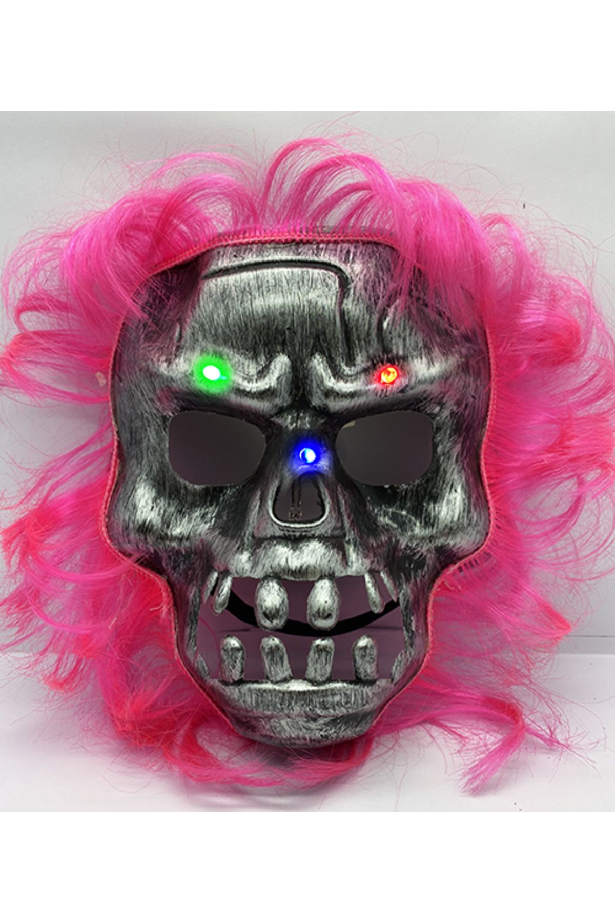 TWOX Pembe Saçlı Led Işıklı Kuru Kafa İskelet Korku Maskesi 22x25 cm