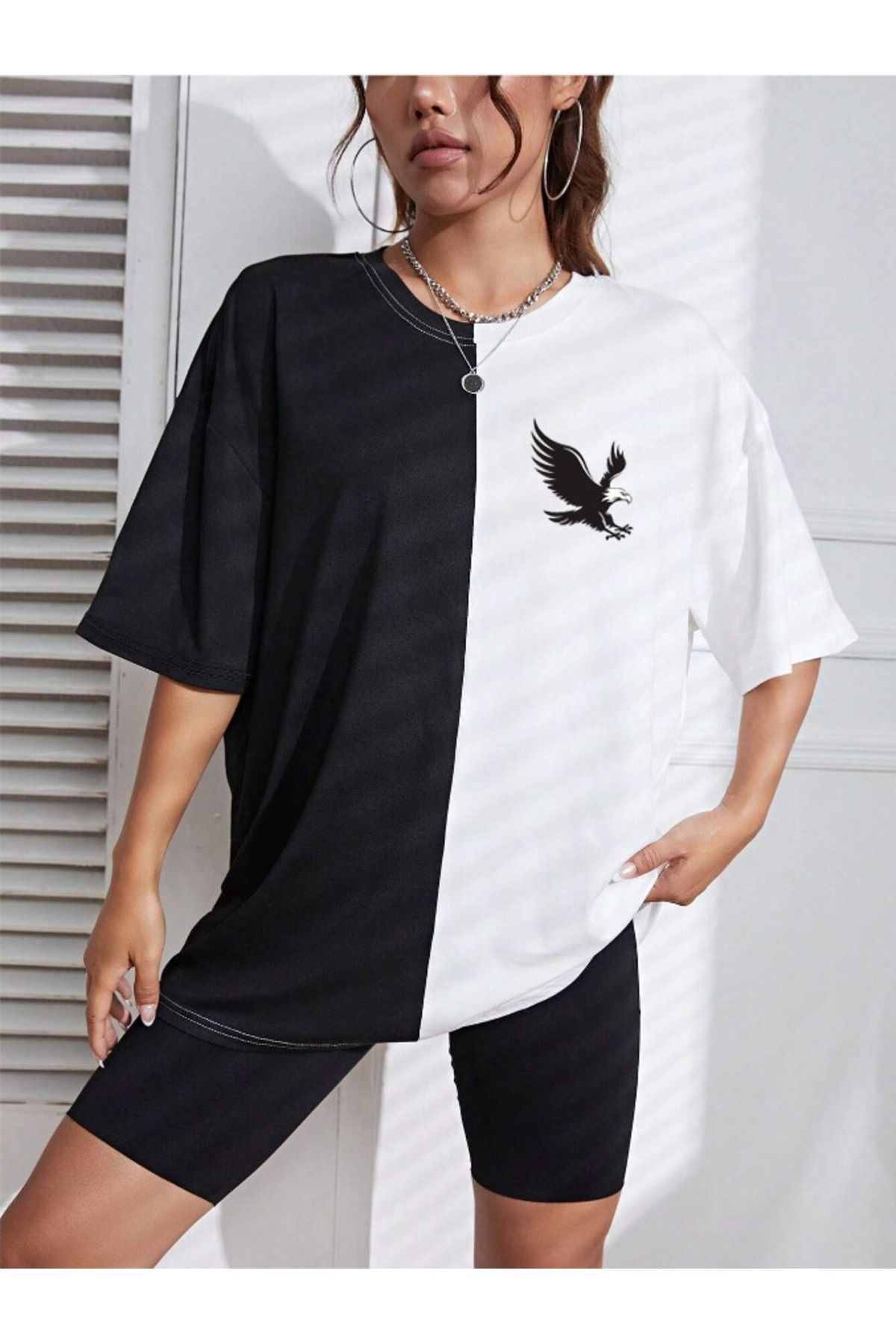 Revasser Unisex Kadın/Erkek KARTAL Renkli Özel Baskılı Oversize Pamuk Penye T-Shirt