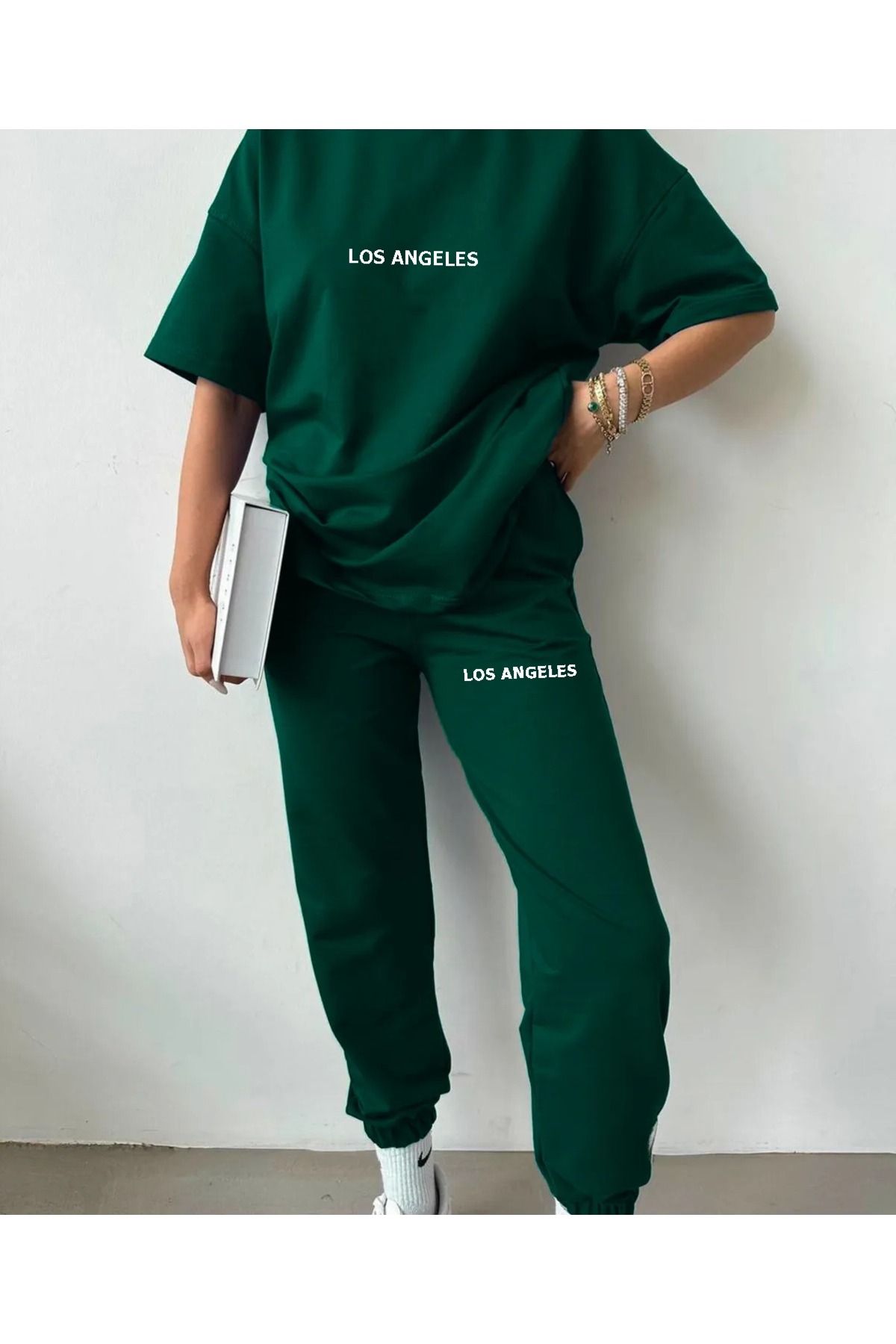 Revasser Unisex Kadın/Erkek LOS ANGELES Özel Baskılı Pamuklu Oversize Jogger T-shirt  Alt Üst Takım