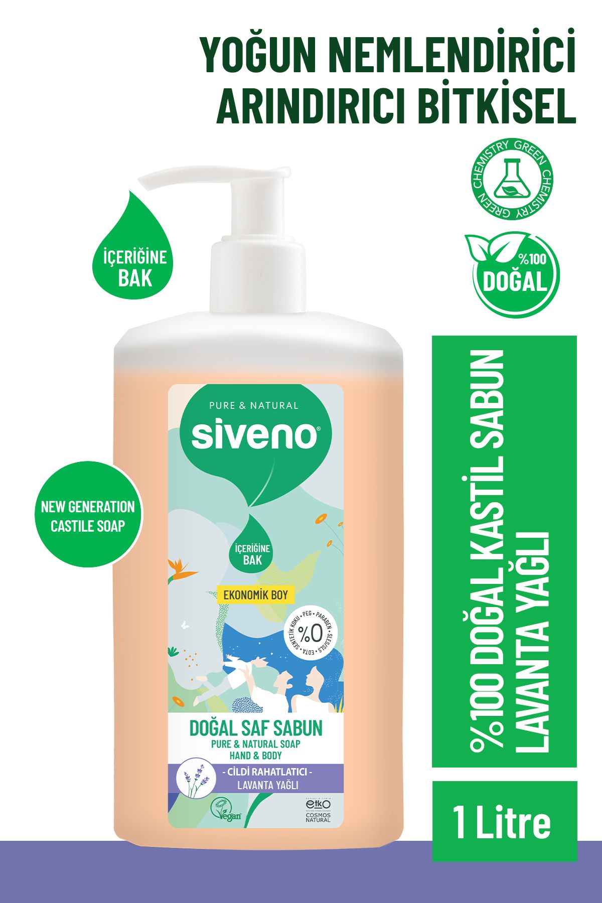 Siveno %100 Doğal Sıvı Kastil Sabun Lavanta Yağlı Yoğun Nemlendirici Arındırıcı Bitkisel Vegan 1000 ml