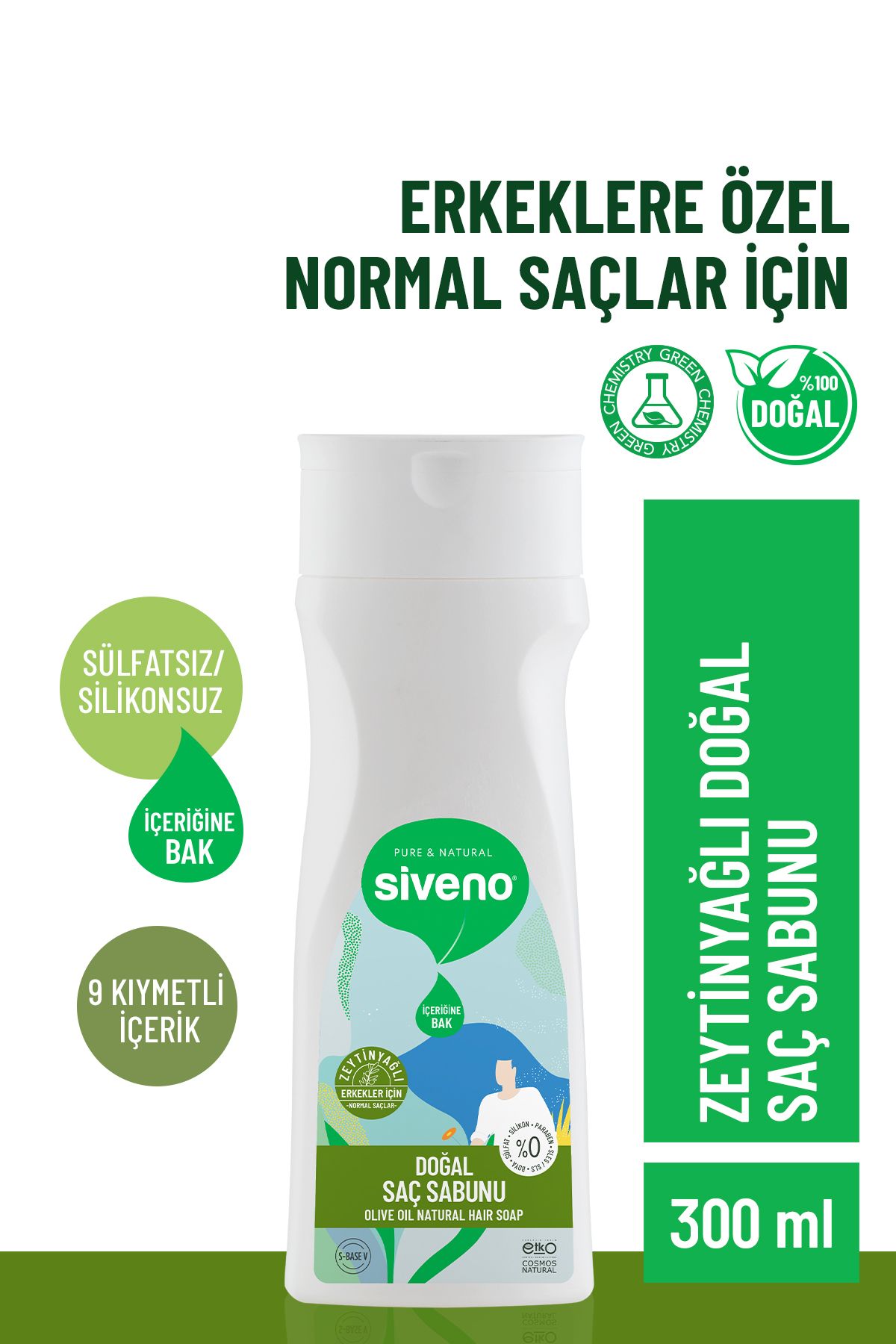 Siveno %100 Doğal Saç Sabunu Zeytinyağlı Bal Avokado 9 Değerli Bitki Erkekler İçin Şampuan 300 ml
