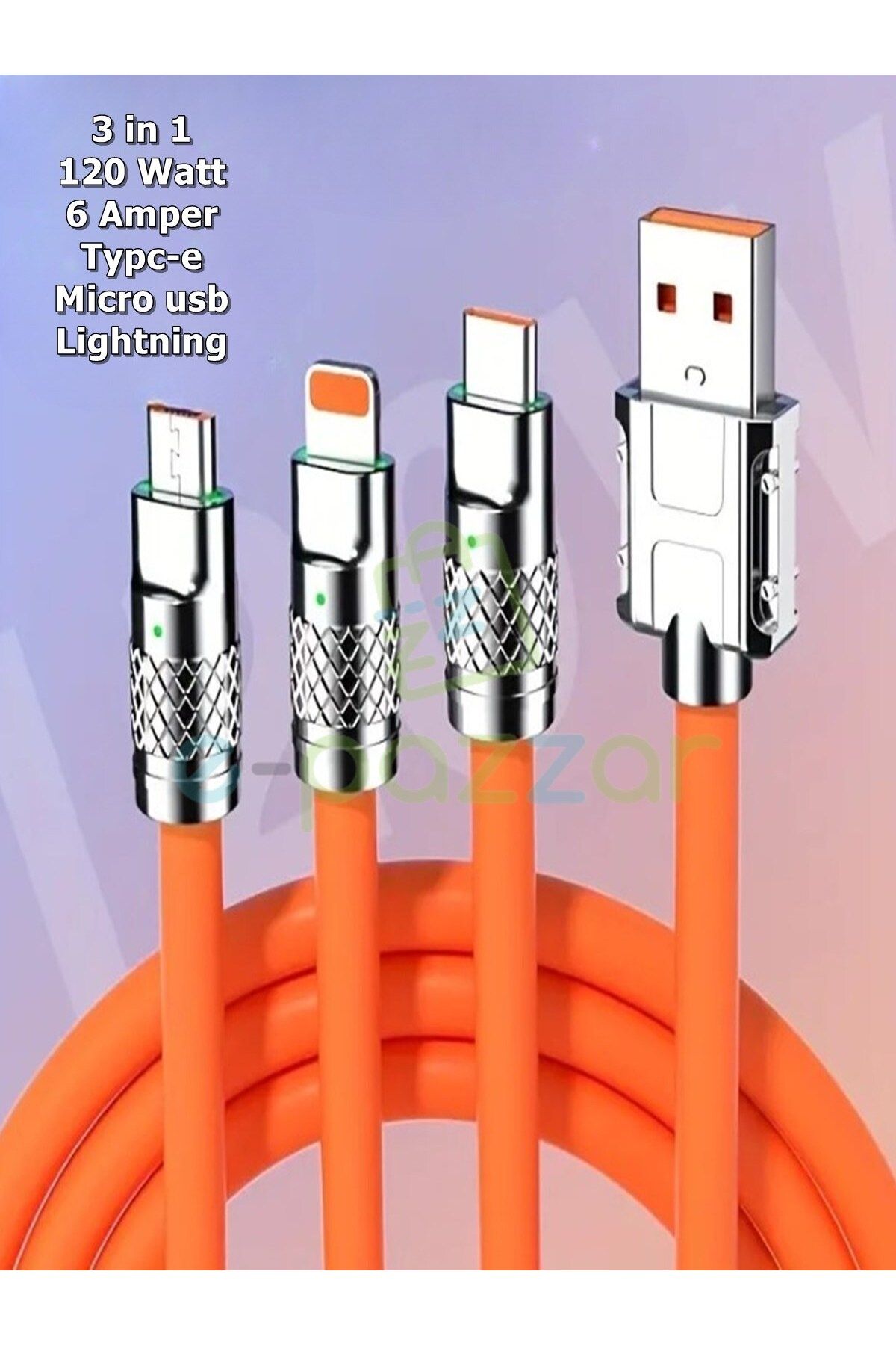 Genel Markalar 3in1 120w 6 Amper Typc-e Micro Lightning Android İos Uyumlu Soft Silikon Hızlı Şarj & Data Kablosu