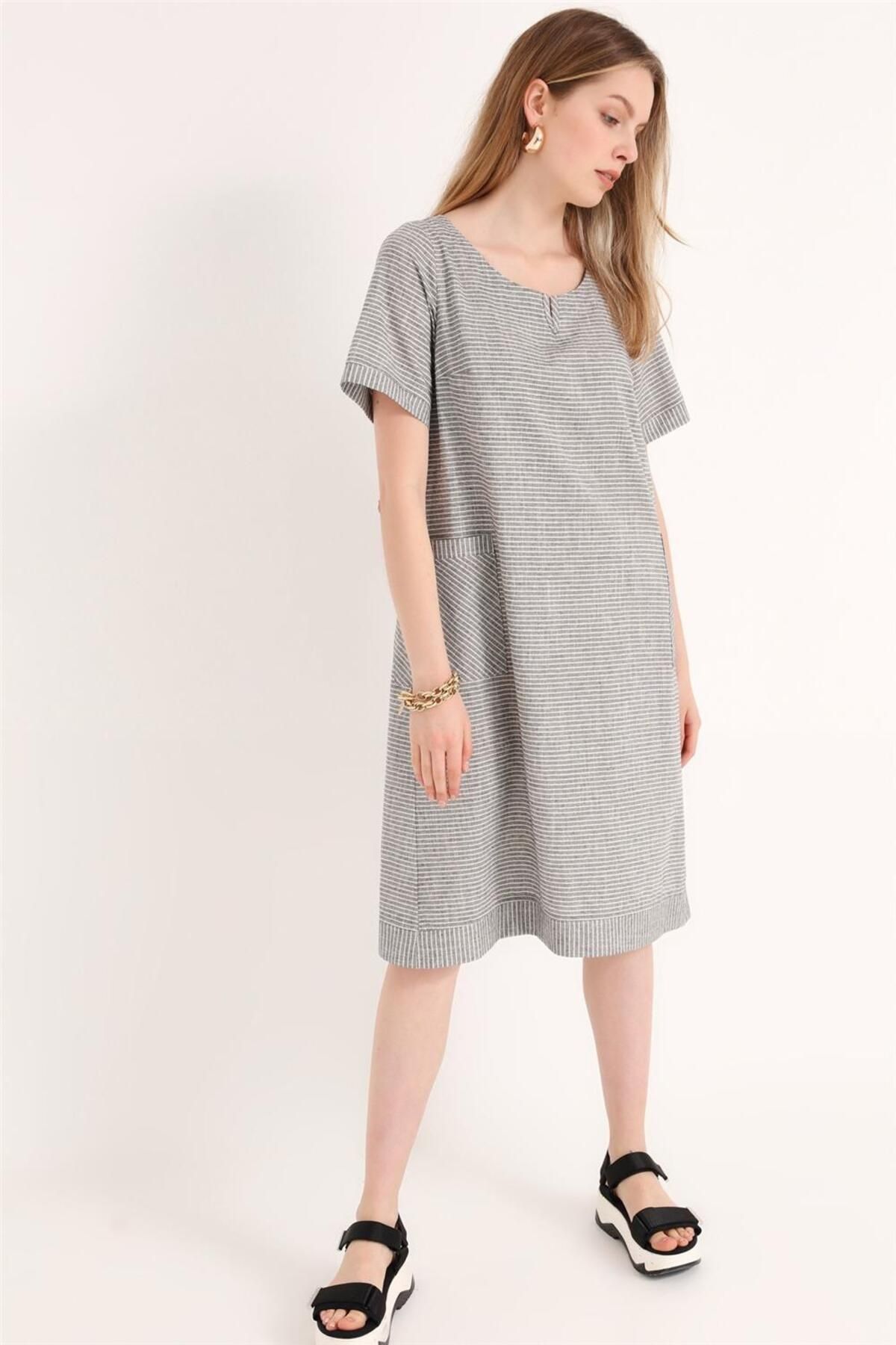 Home Store Elbise 2 Kese Cep Kisa Kol Enine Çizgili Geniş Önü Mini V Ya - Antracite