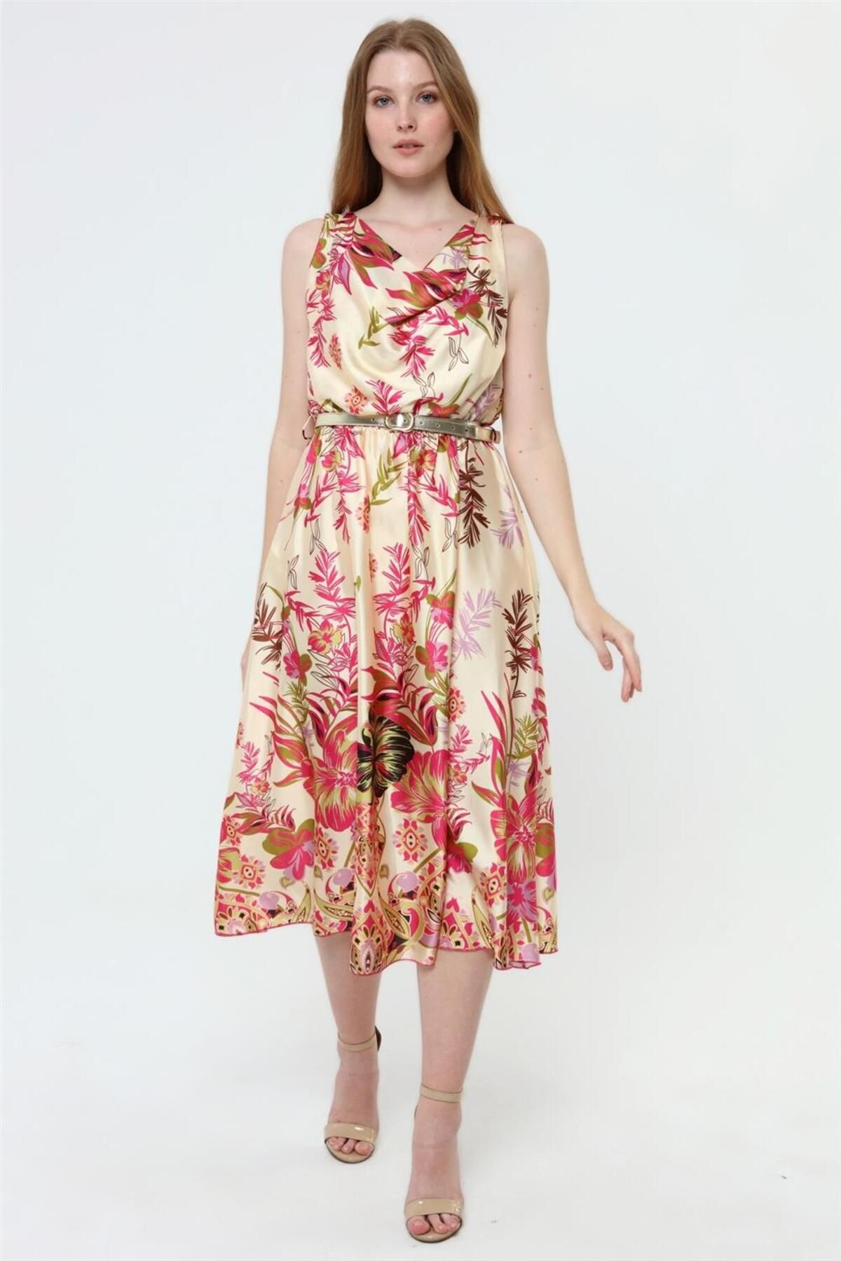 Home Store Elbise Çiçek Desenli Kolsuz Ense Bağcikli Degaje Yaka Kemer - Bej