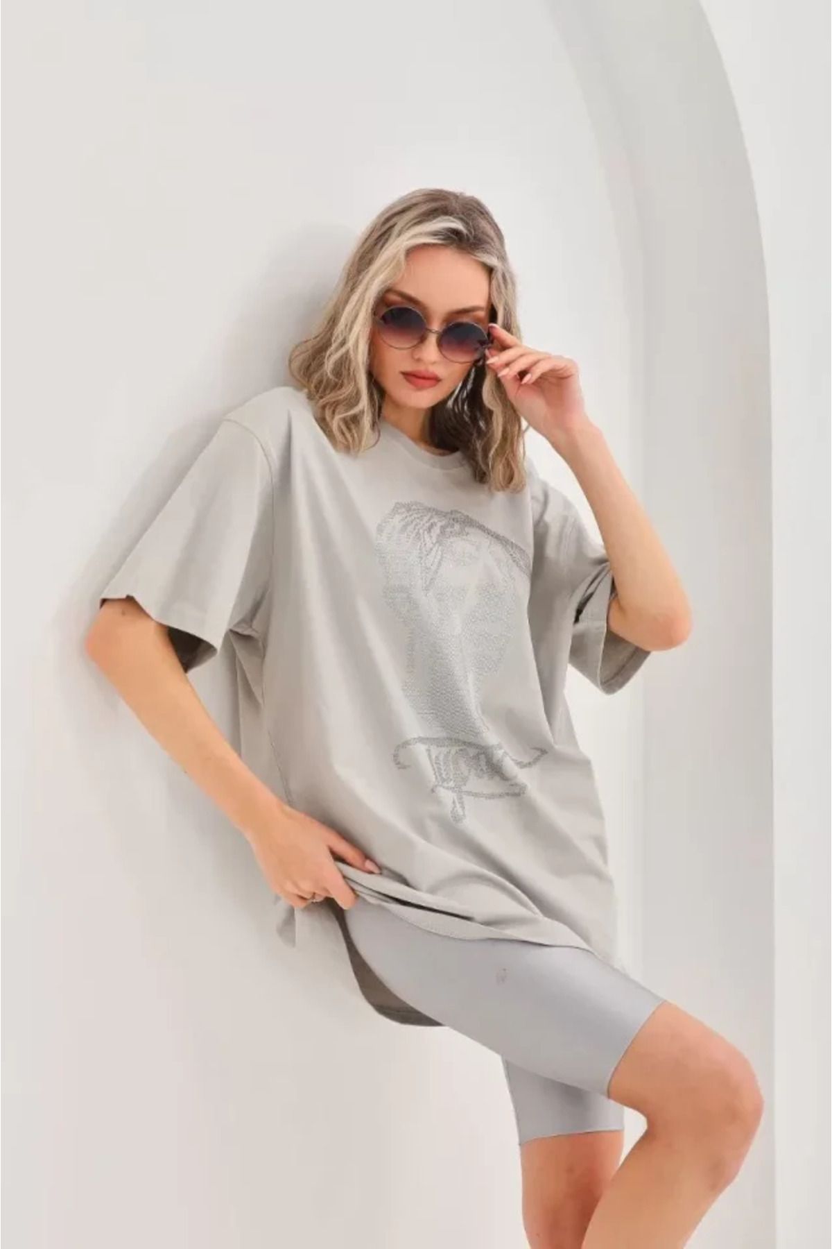 Genel Markalar Unisex Taş Desenli Oversize T-Shirt - Gri