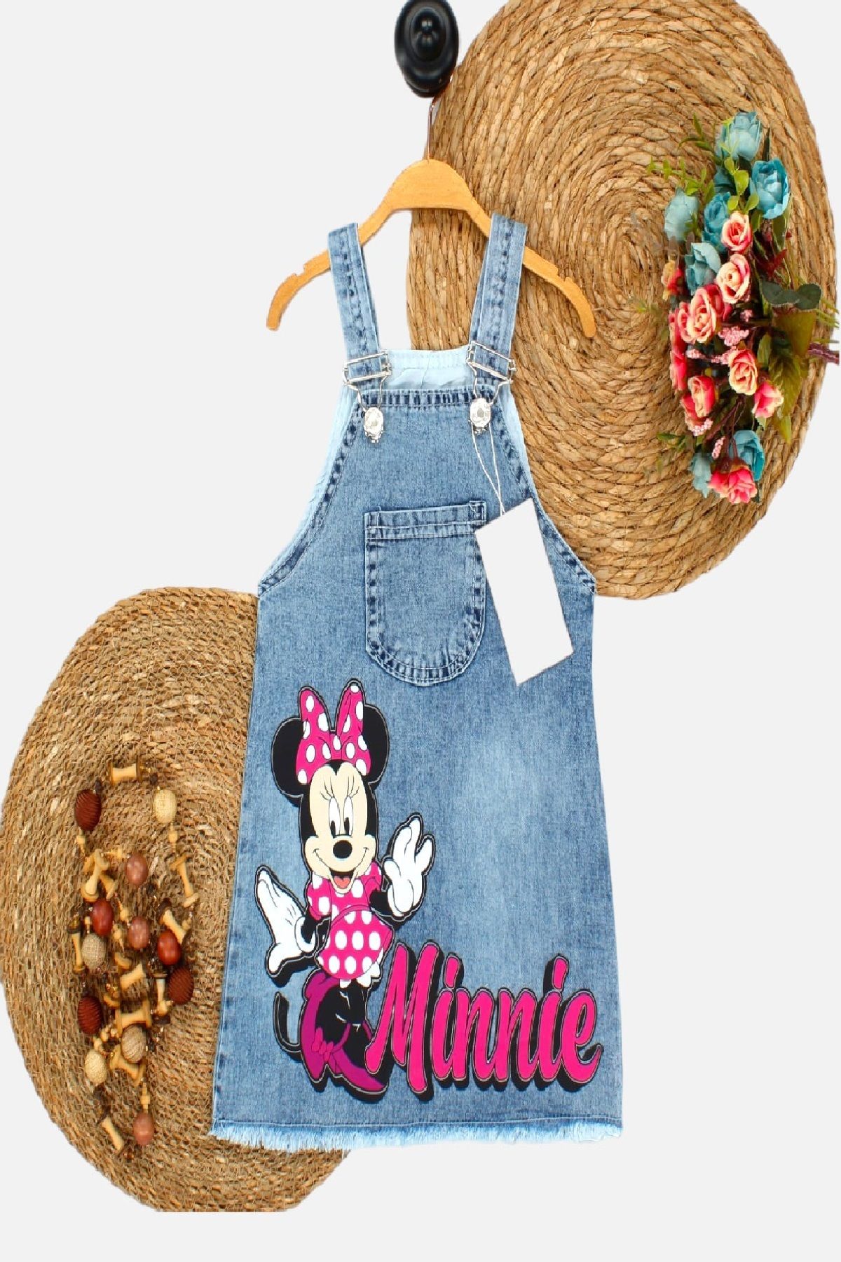DİNAMİK Kız Çocuk Kot Jile Salopet Minnie Mouse Baskılı Denim Elbise