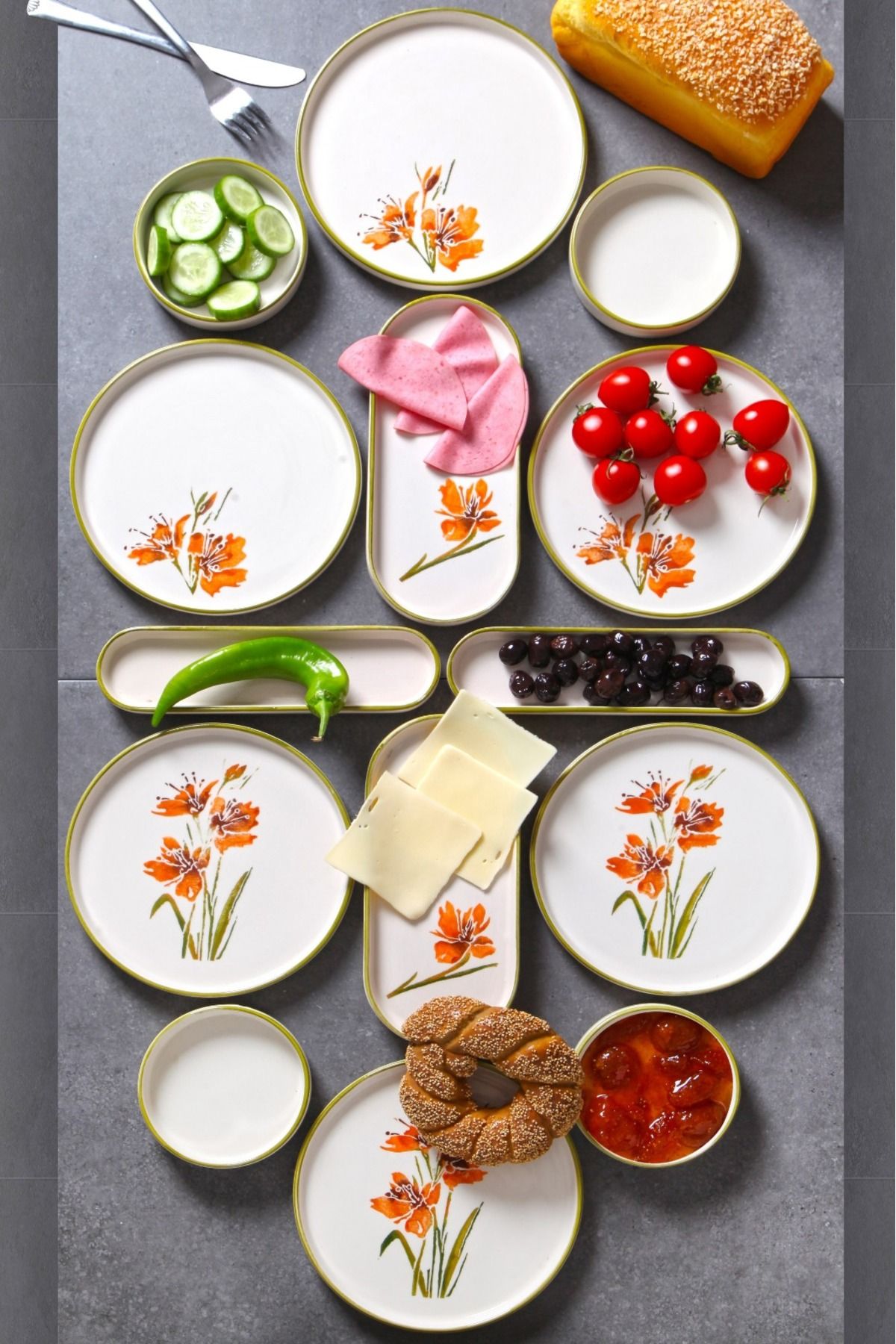 Çavdar Group 14 Parça 6 Kişilik Stackable Lilyum Kahvaltı Takımı Handmade Özel Tasarım Kahvaltı Seti