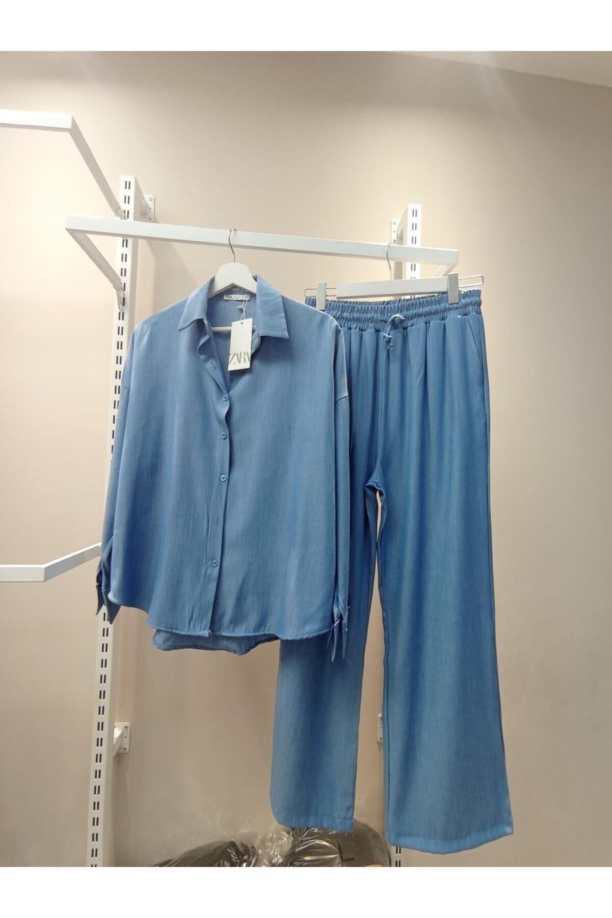 My Blog Kadın Açık Mavi Marka Model Gömlek Pantolon Takım