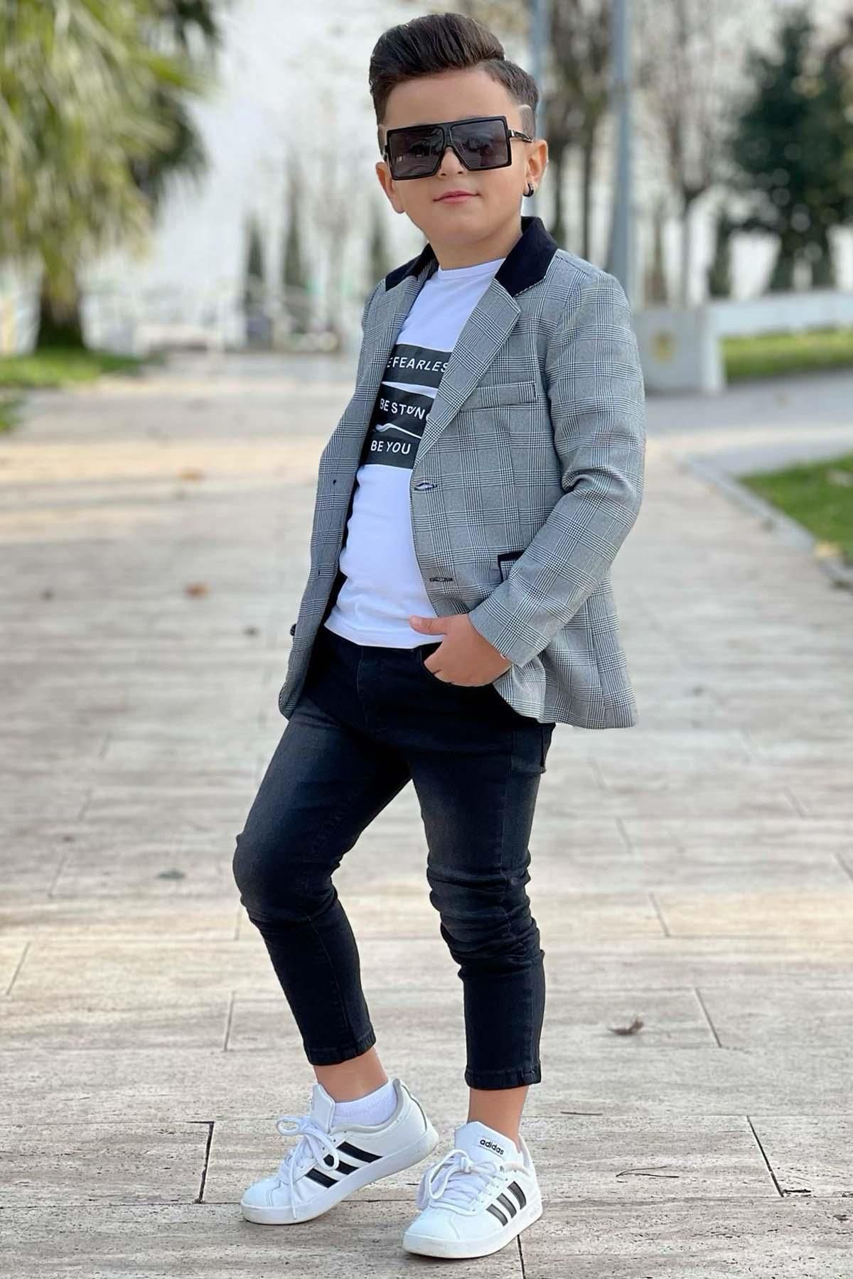 Riccotarz Erkek Çocuk Yazı Baskılı Tişört Cep Detaylı Kareli Blazer Ceket Siyah Jean Pantolon Alt Üst Takım