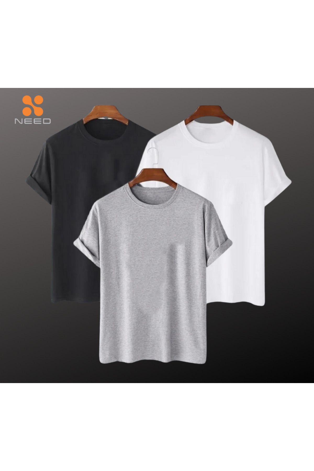 NEED LİFE Erkek 3 Lü Paket %100 Pamuk Rahat Kalıp Likralı Siyah-beyaz-gri Renkli Basic T-shirt