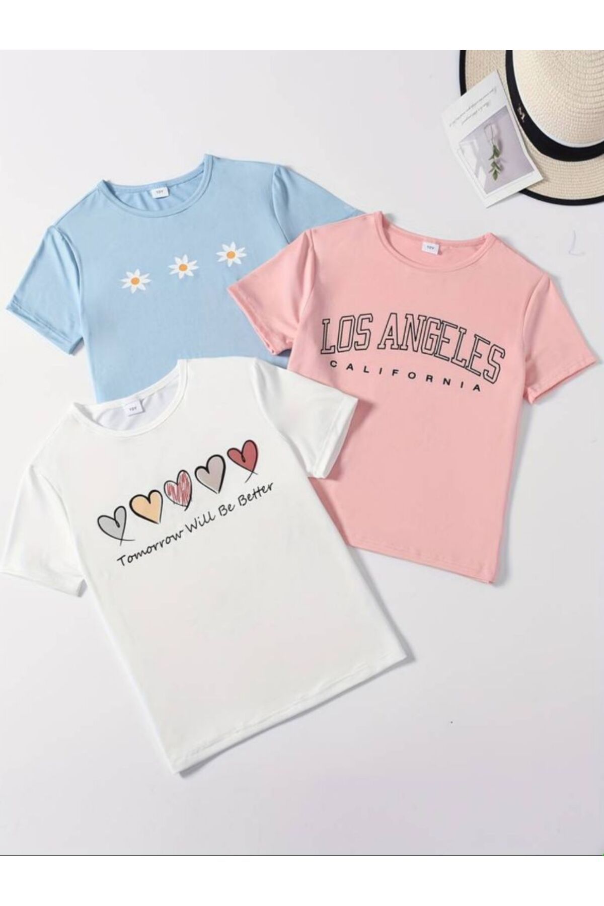 Afternoon Kids Kız Çocuk 3'lü Paket  ''Beyaz, Pembe, Bebe Mavi'' Baskılı T-shirt