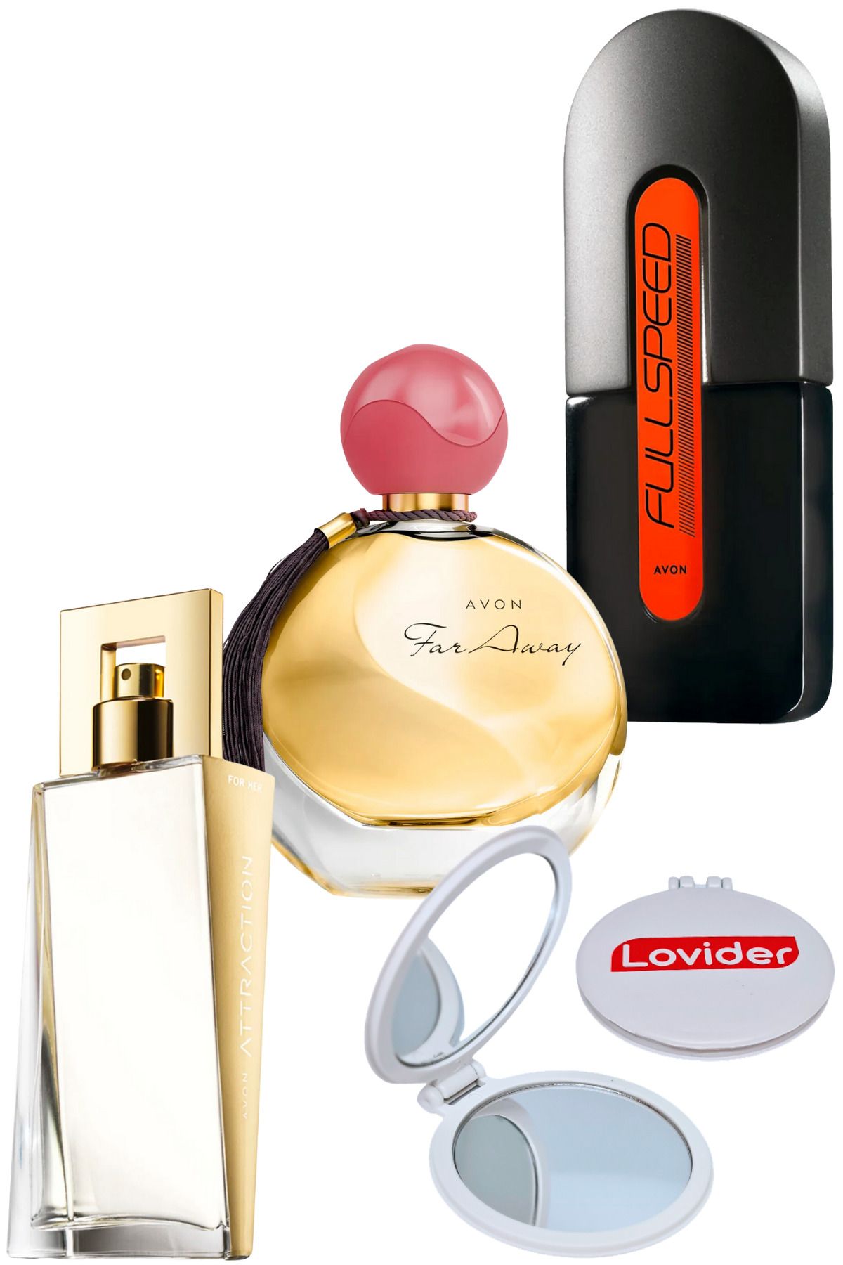 Avon Attraction Kadın + Far Away Kadın + Full Speed Erkek Parfüm + Lovider Cep Aynası