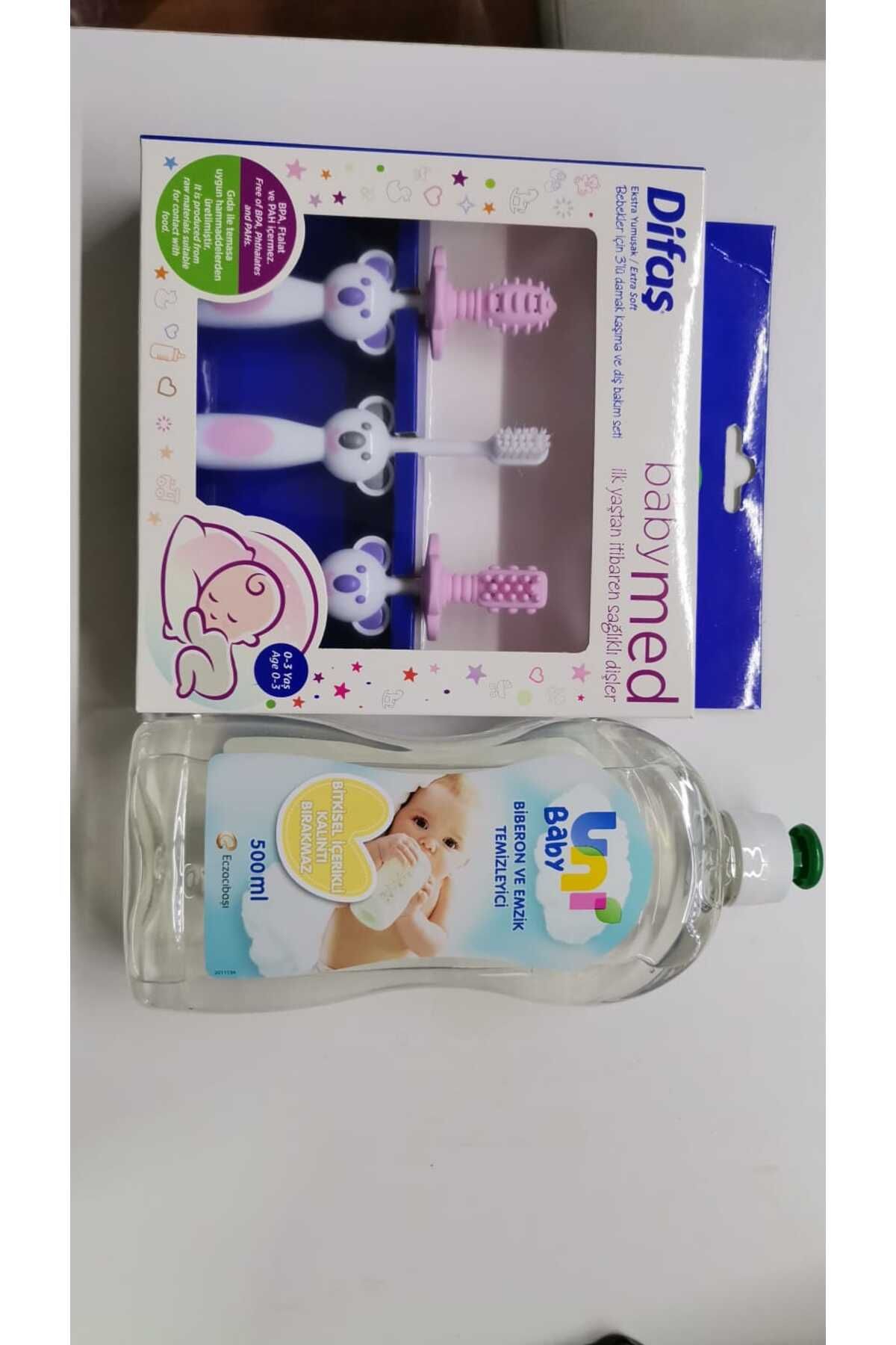 Uni Baby Biberon Emzik Temizleme 500 ml + Bebekler Için 3'lü Damak Kaşıma Ve Diş Bakım PEMBE