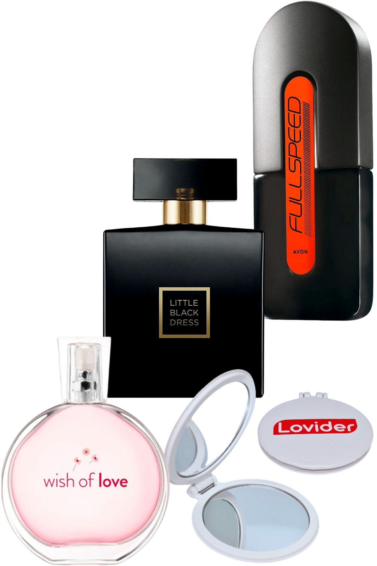 Avon Wish Of Love Kadın + Little Black Dress Kadın + Full Speed Erkek Parfüm + Lovider Cep Aynası