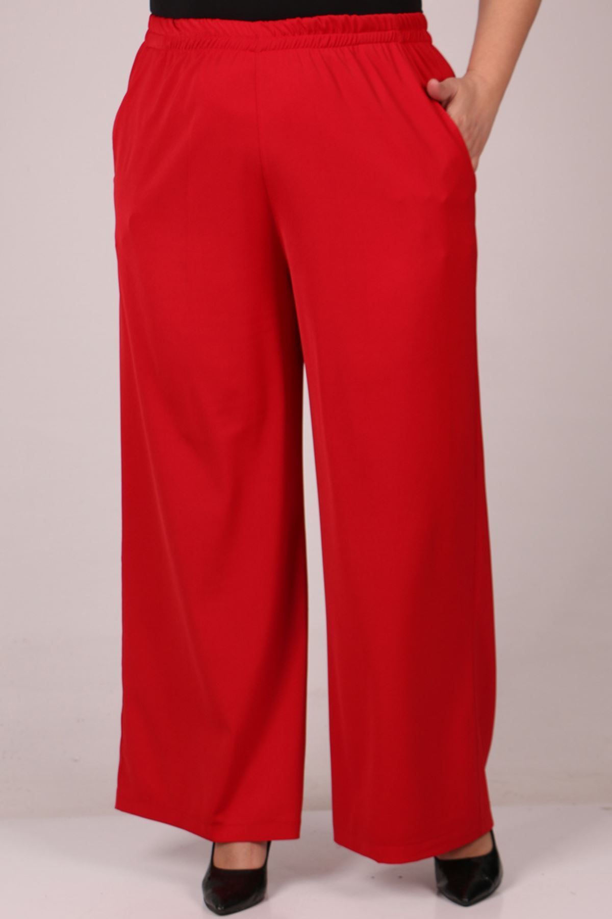 Eslina 29019 Büyük Beden Beli Lastikli En Boy Likra Pantolon - Kırmızı