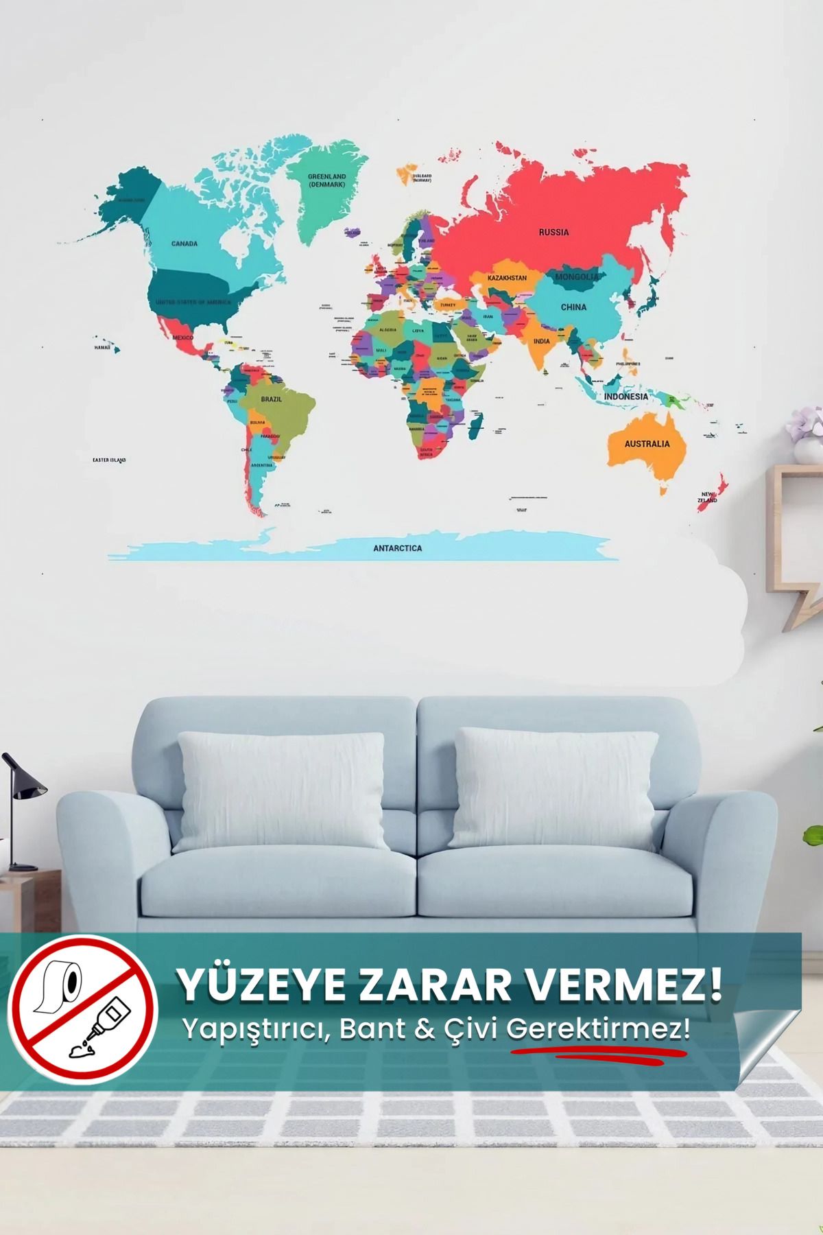 Evbuya World Map, Renkli Dünya Haritası - Yapışkansız Tutunan Statik Akıllı Kağıt Harita (İ?NGİLİZCE)