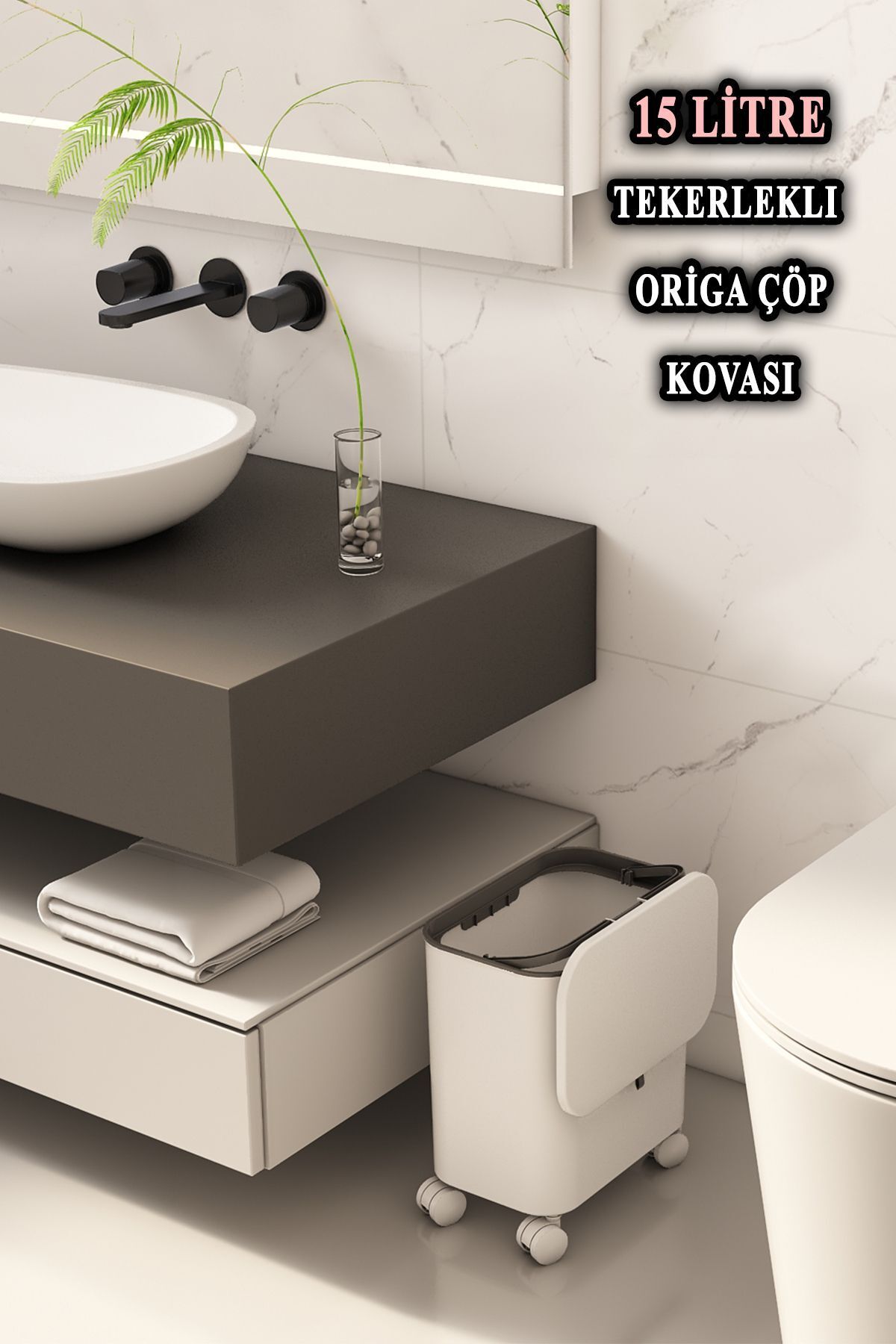 METROPOLAVM Origa Tekerlekli Fonksiyonel Kapaklı Banyo Ve Mutfak Çöp Kovası Beyaz