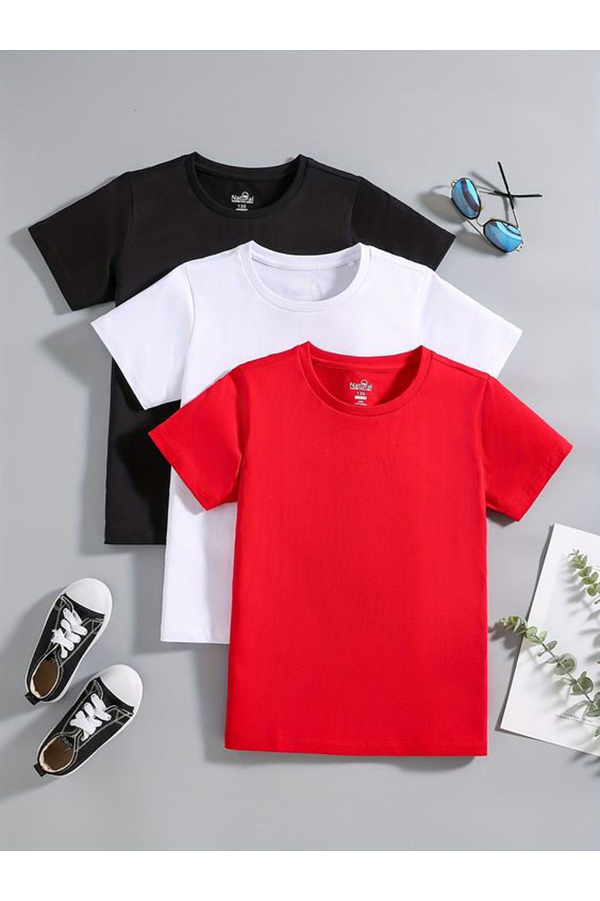 İnciTekstil 3'lü pamuklu ve likralı kız erkek çocuğu unisex t-shirt 5-15 yaş