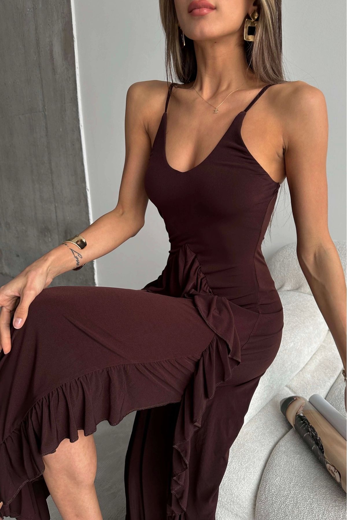 Eka Kadın Kahve Fırfırlı Askılı Elbise 1009-0873