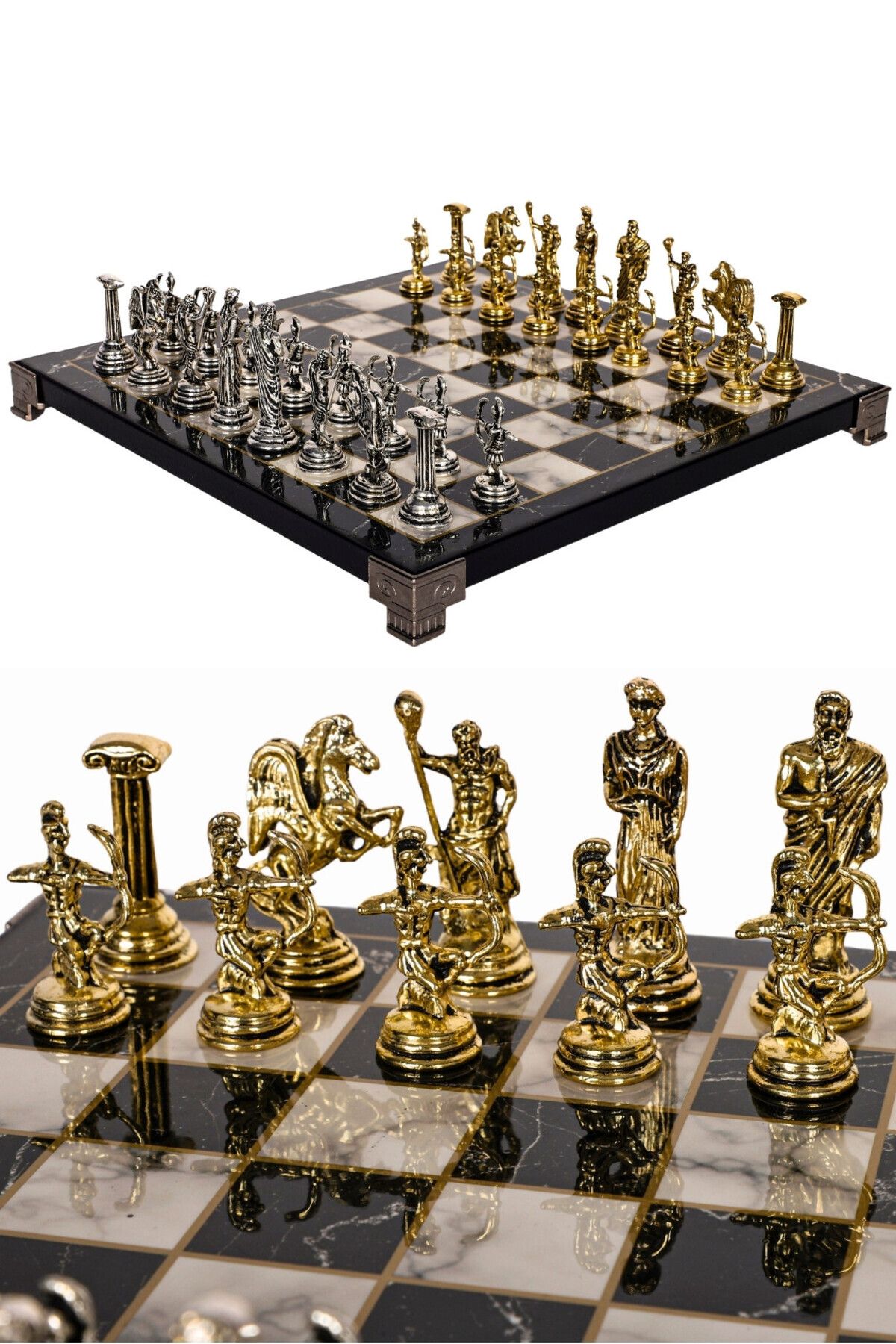 Cooper Chess Metal Satranç Takımı | 25cm Mermer Desenli Satranç Tahtası | Mitolojik Tanrı Figürlü Roma Okçu
