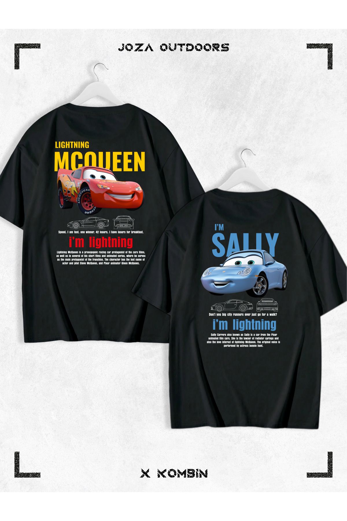 Joza Outdoors Kadın Erkek Unisex Sally & Mcqueen Cars Sevgili Çift Kombini Oversize Renkli Tshirt 2'li Takım