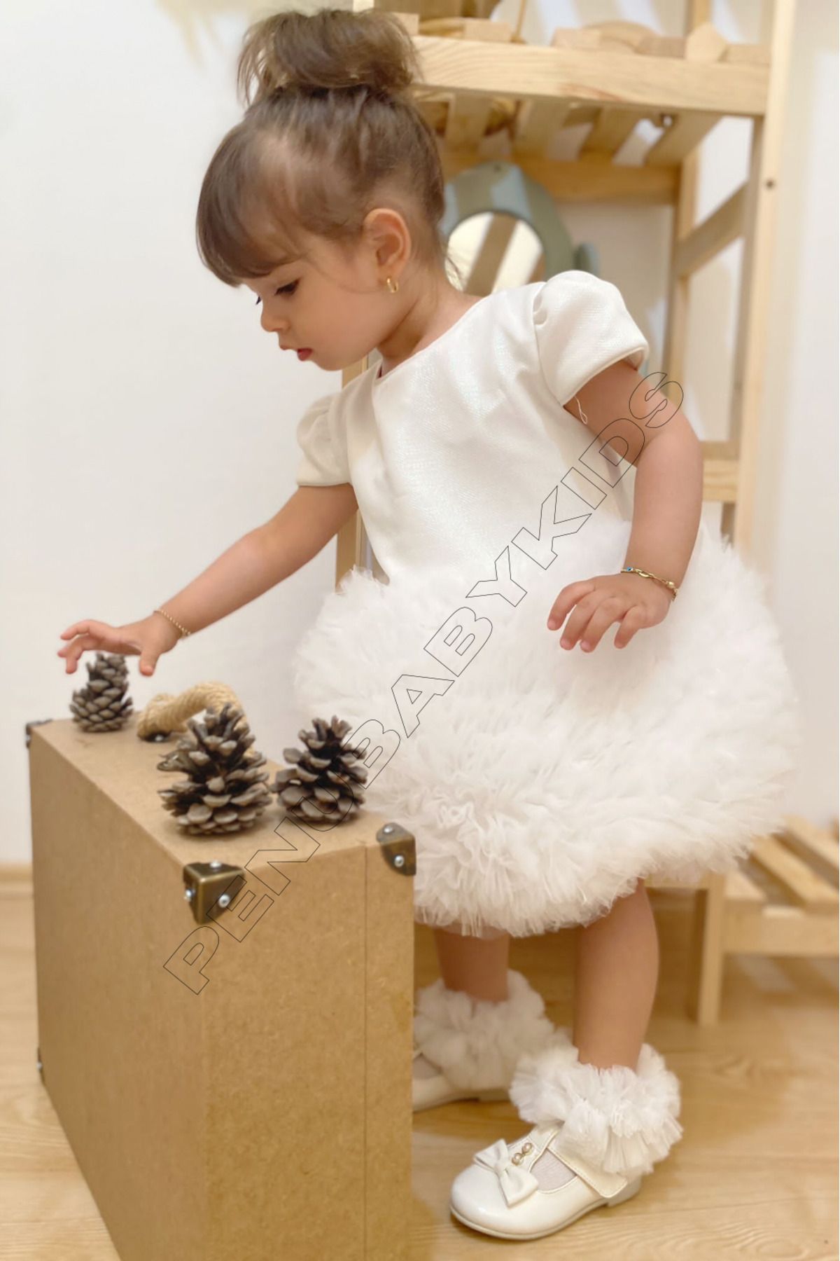 penu baby kids Beyaz Tütülü Kısa Kol Kız Bebek Elbise - Princess