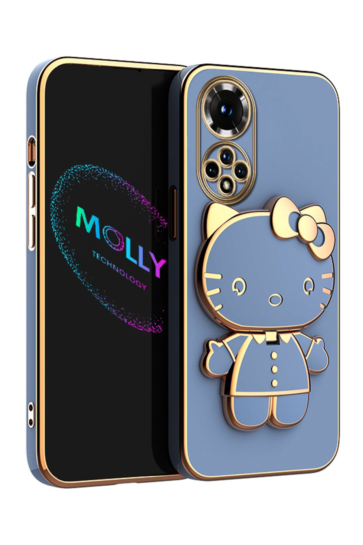 Molly Huawei Honor 50 İçin Petrol Mavisi Hello Kitty Standlı Kenarları Gold Detaylı Lüks Silikon Kılıf