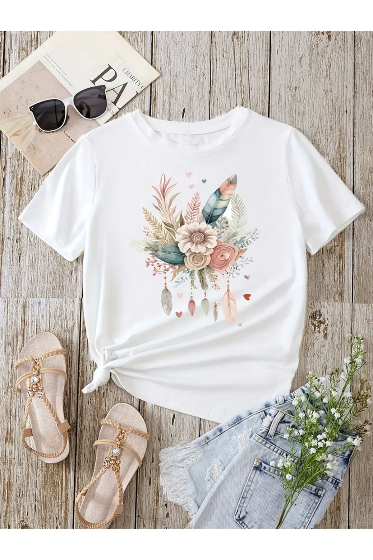 GALASHOP Kadın Çiçek ve Tüy Baskılı T-shirt